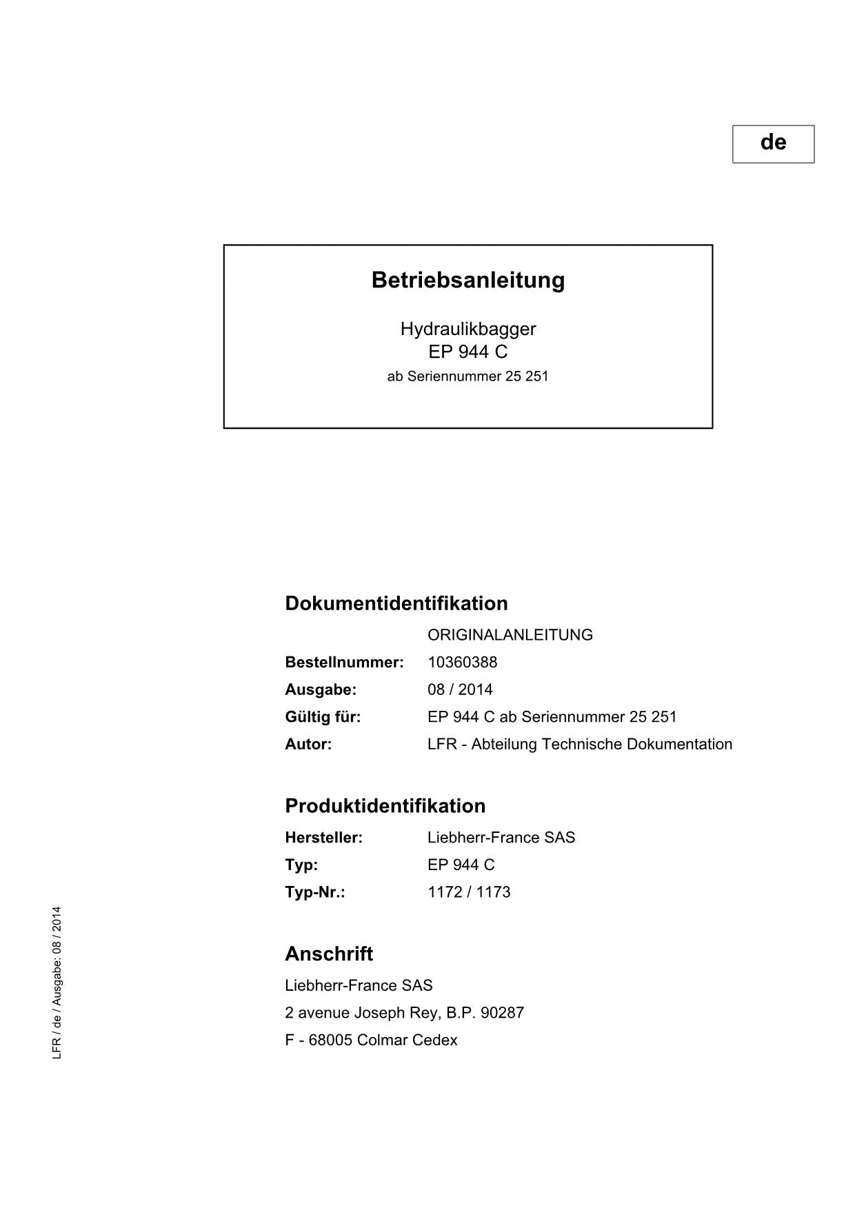 Liebherr EP944 C Hydraulikbagger Betriebsanleitung