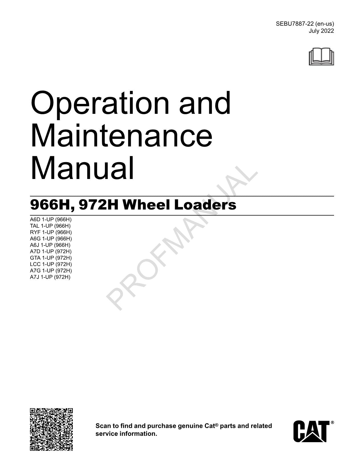 Caterpillar 966H 972H Wheel loader Operators Maintenance Manual