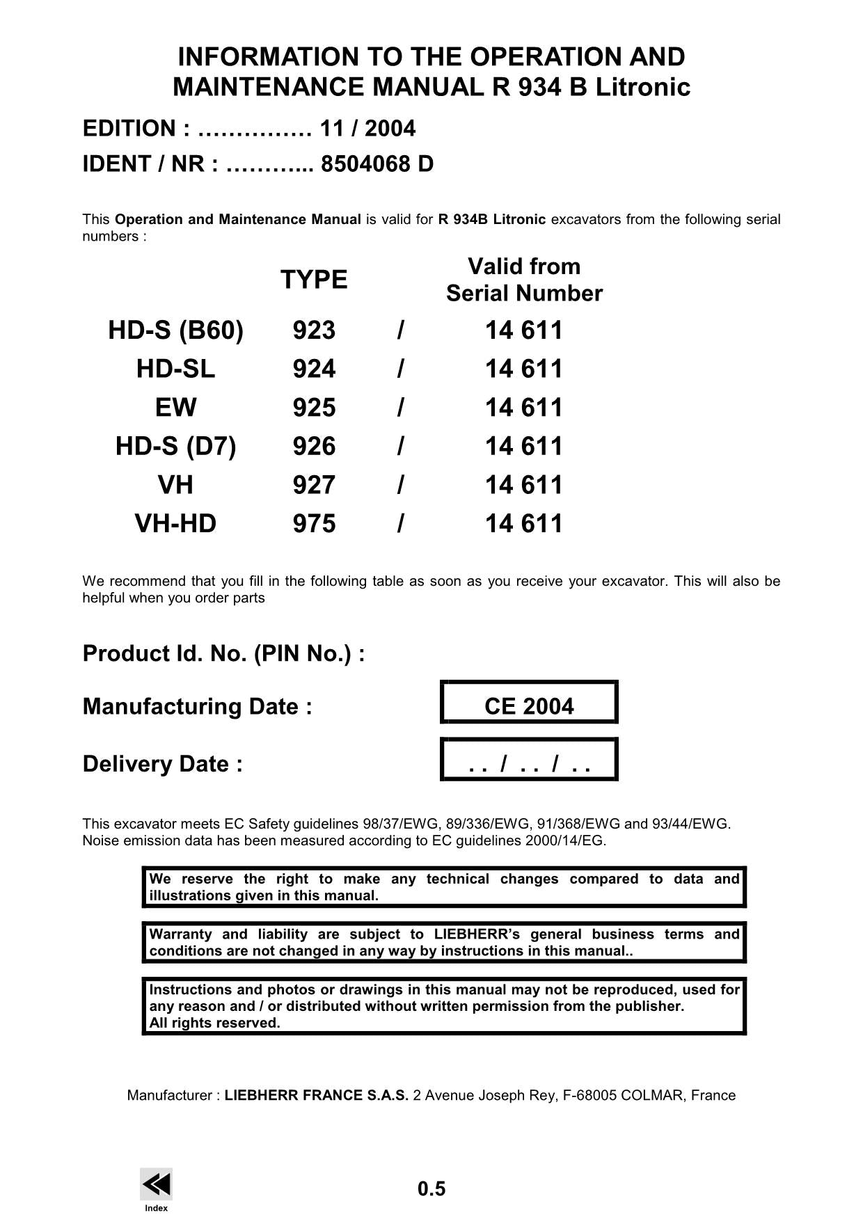 Liebherr R934 B Litronic Excavator Operators manual serial 14611