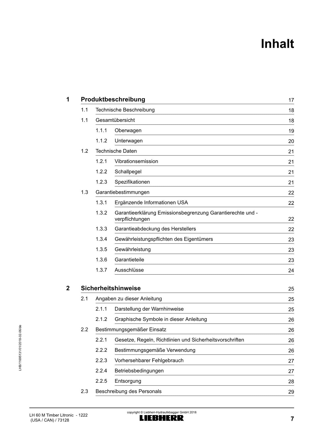 Liebherr LH60 M TimbeRLitronic Materialumschlaggerät Betriebsanleitung 1222 USA