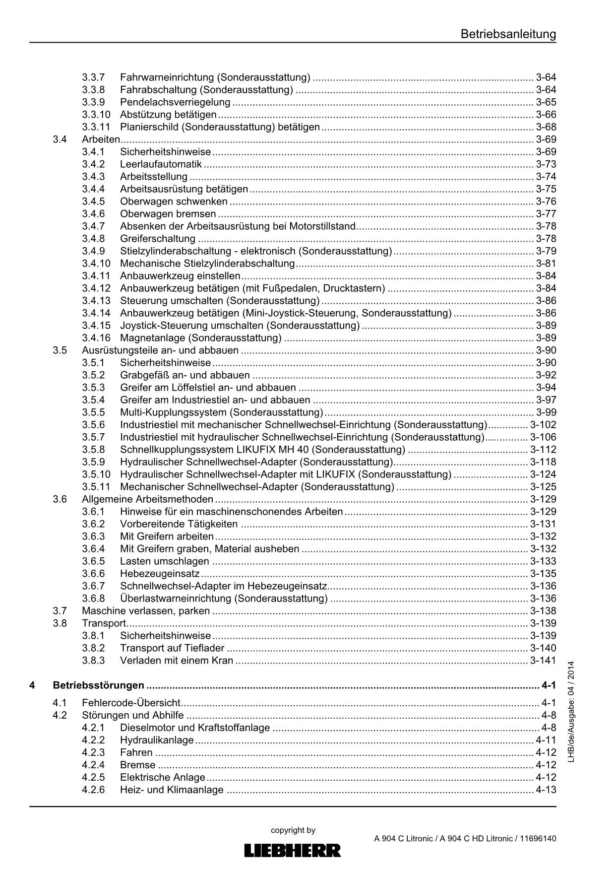 Liebherr A904 C A904 C HD Litronic Umschlaggerät Betriebsanleitung 11696140