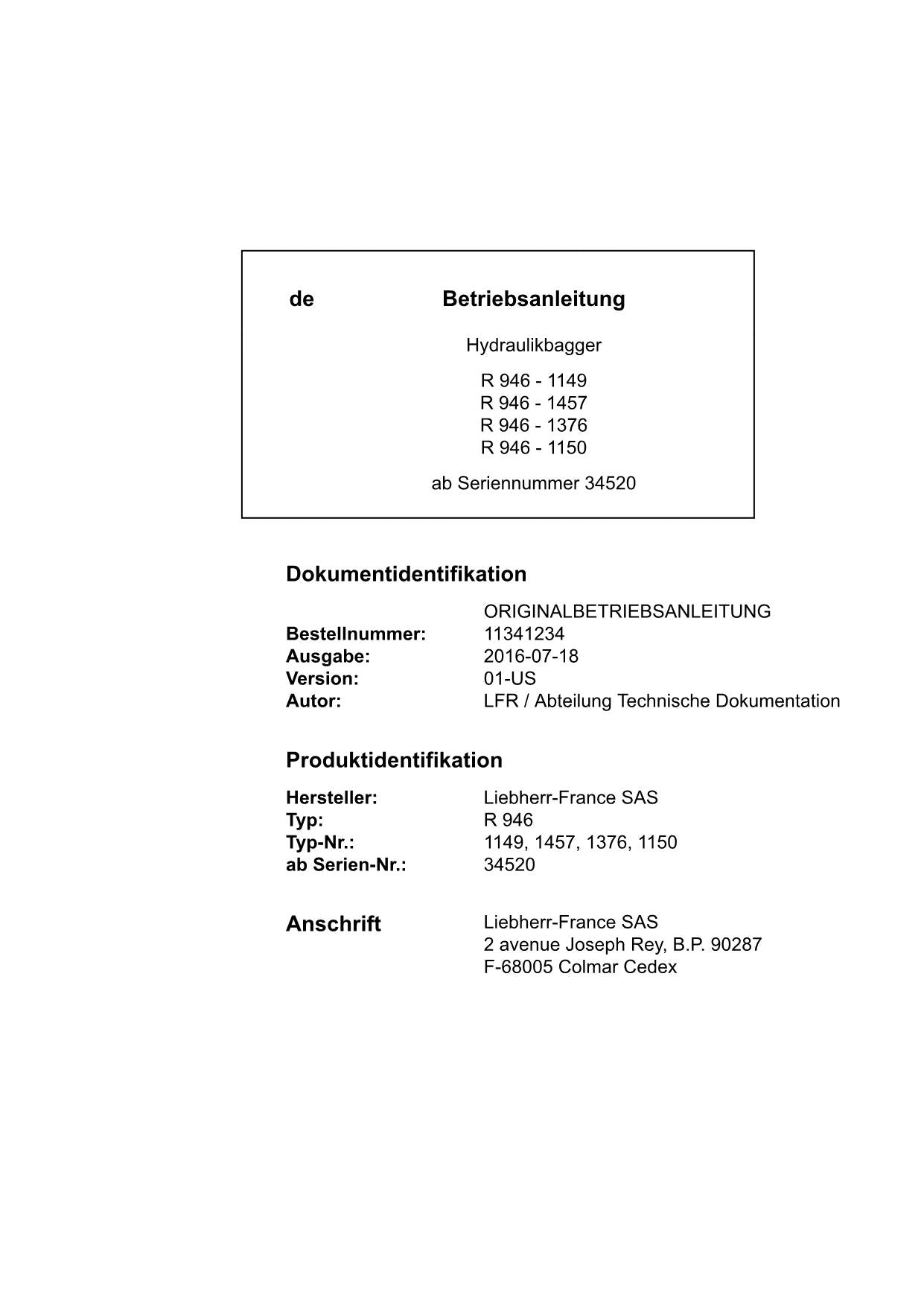 Liebherr R946 Hydraulikbagger Betriebsanleitung ser 34520 USA CAN