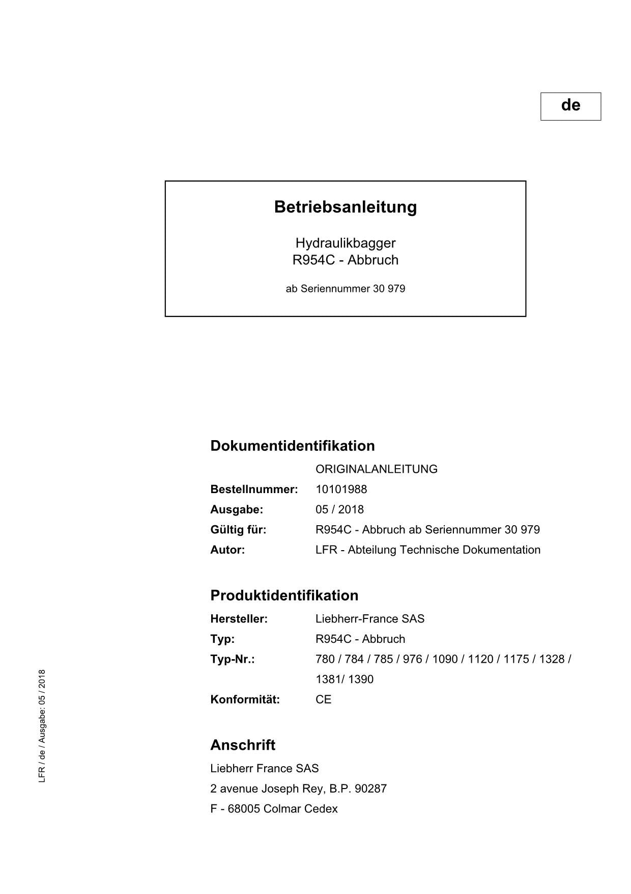 Liebherr R954 C Abbruch Hydraulikbagger Manuel d'instructions