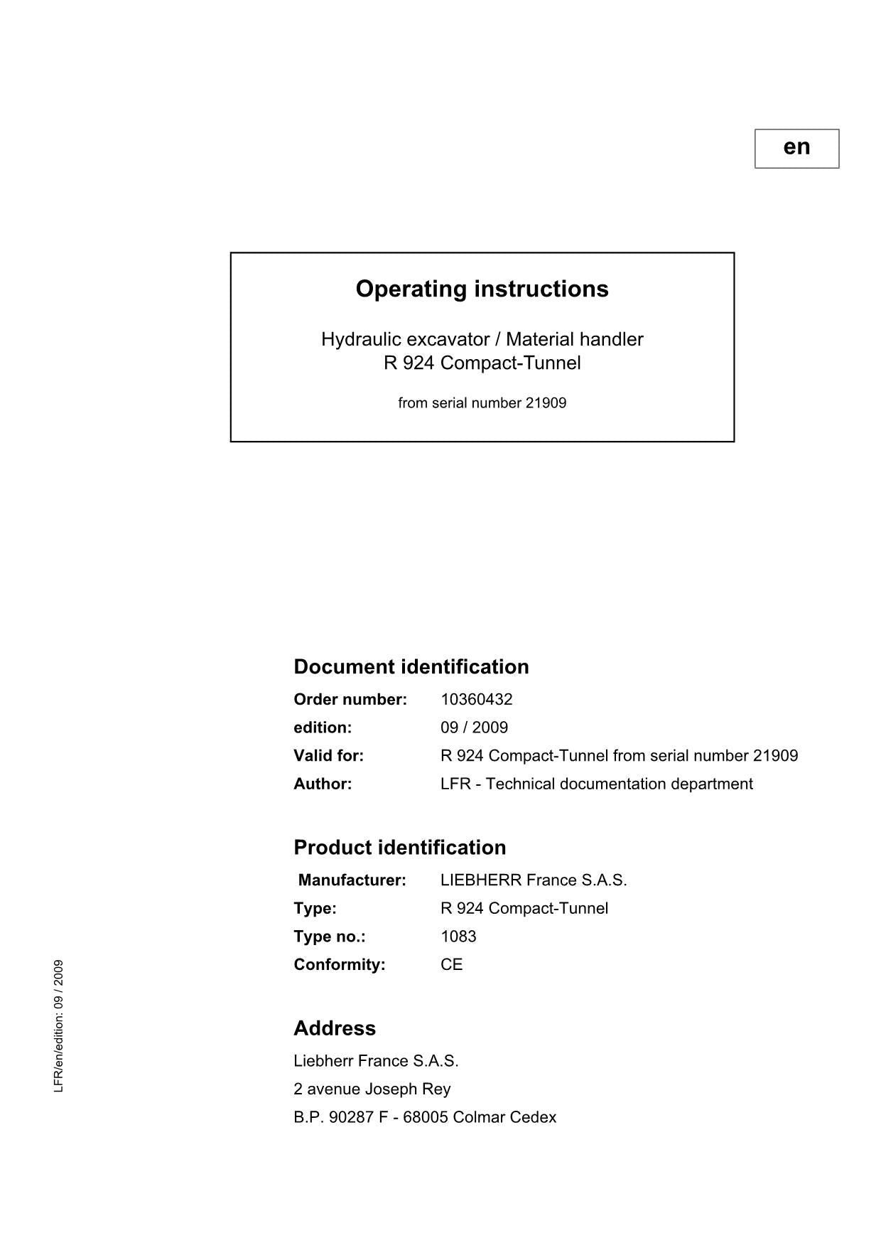 Liebherr R924 Compact-Tunnel Excavator Operators manual serial 21909