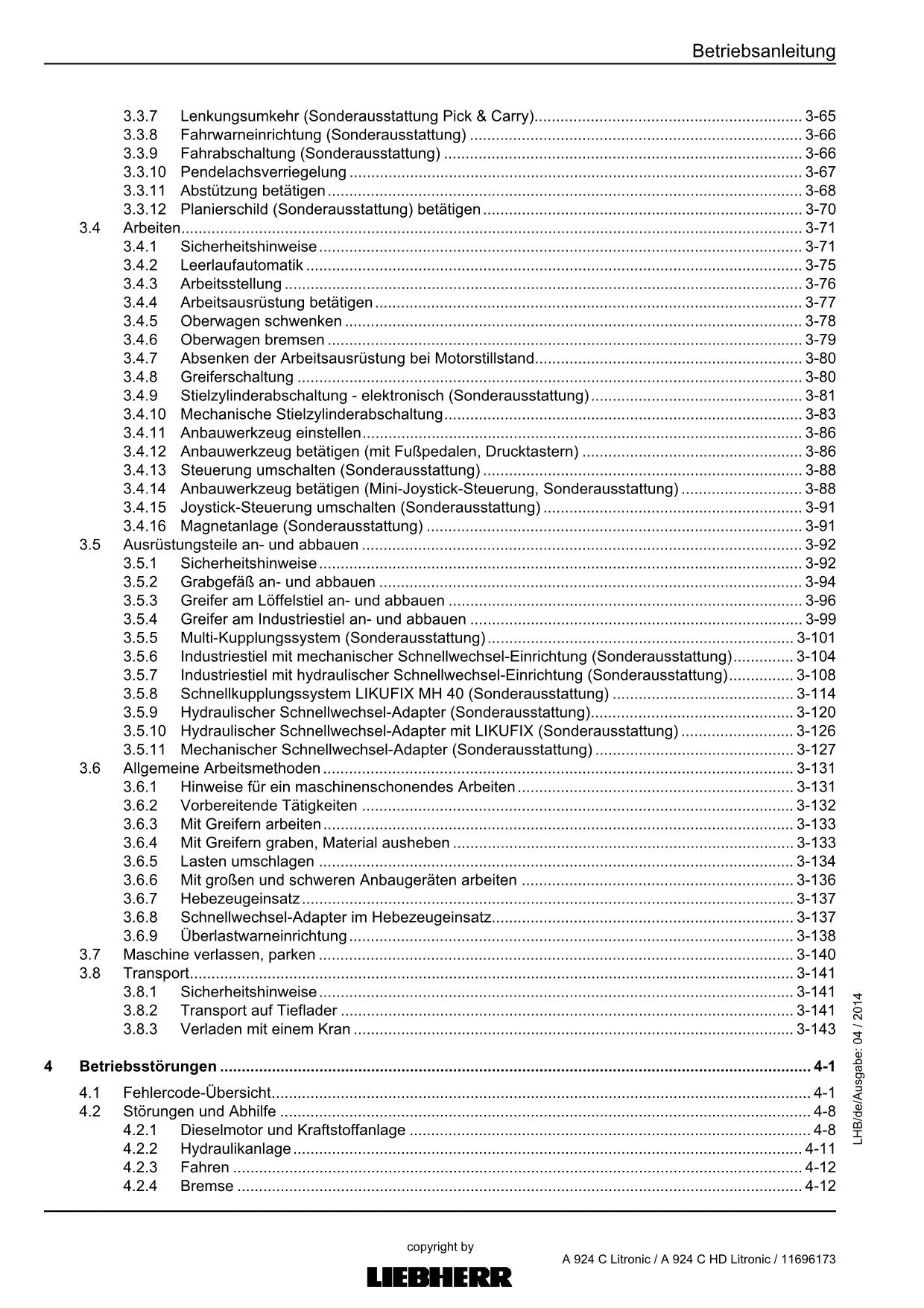 Liebherr A924 C A924 C HD Litronic Umschlaggerät Betriebsanleitung 57100