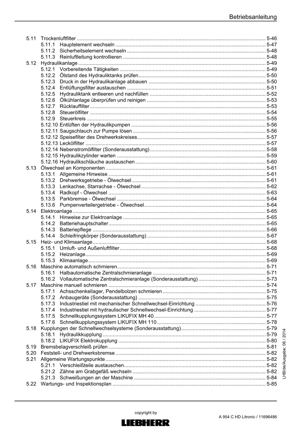 Liebherr A954 C HD Litronic Umschlaggerät Betriebsanleitung 11696486