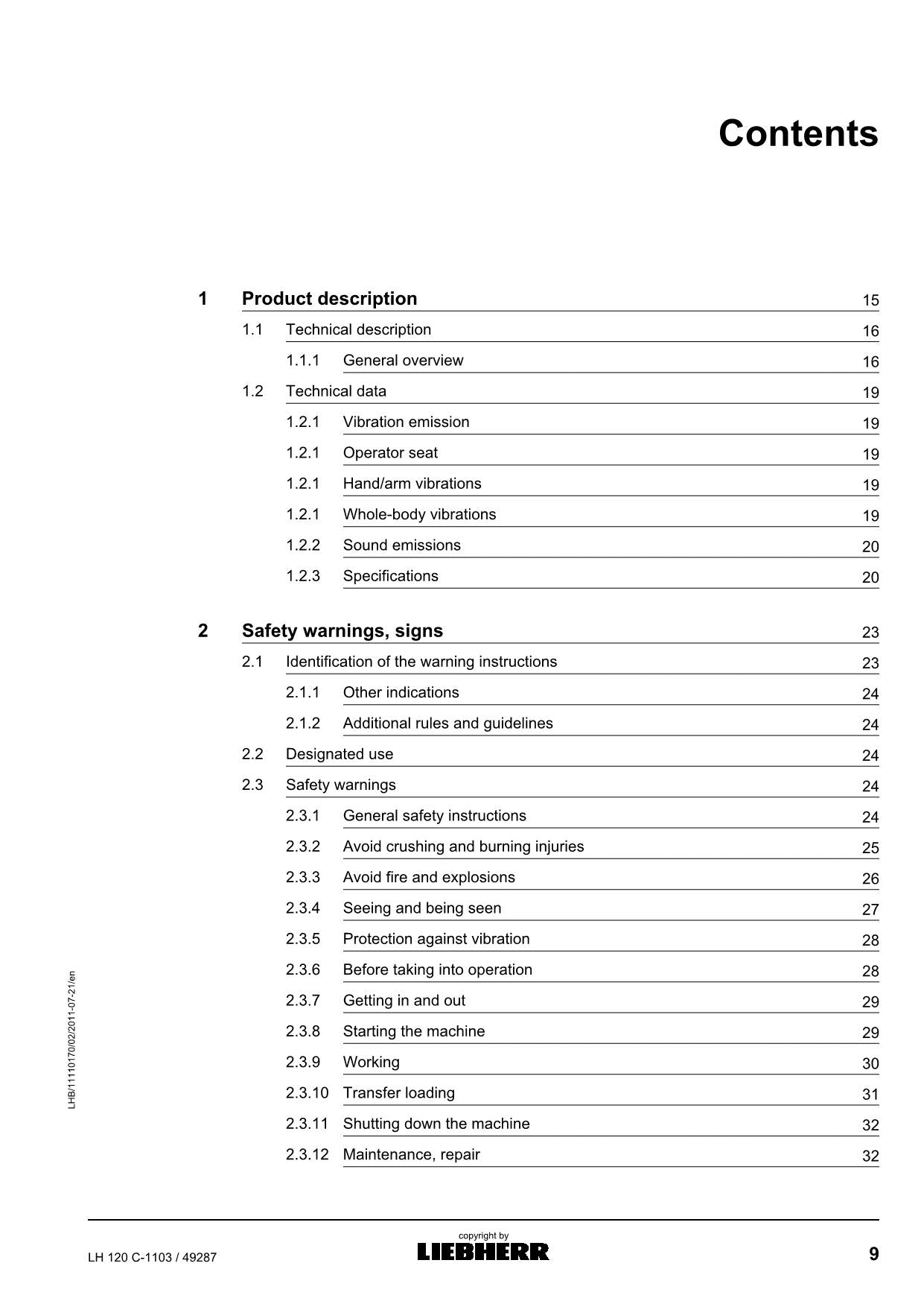 Liebherr LH120 C Excavator Operators manual