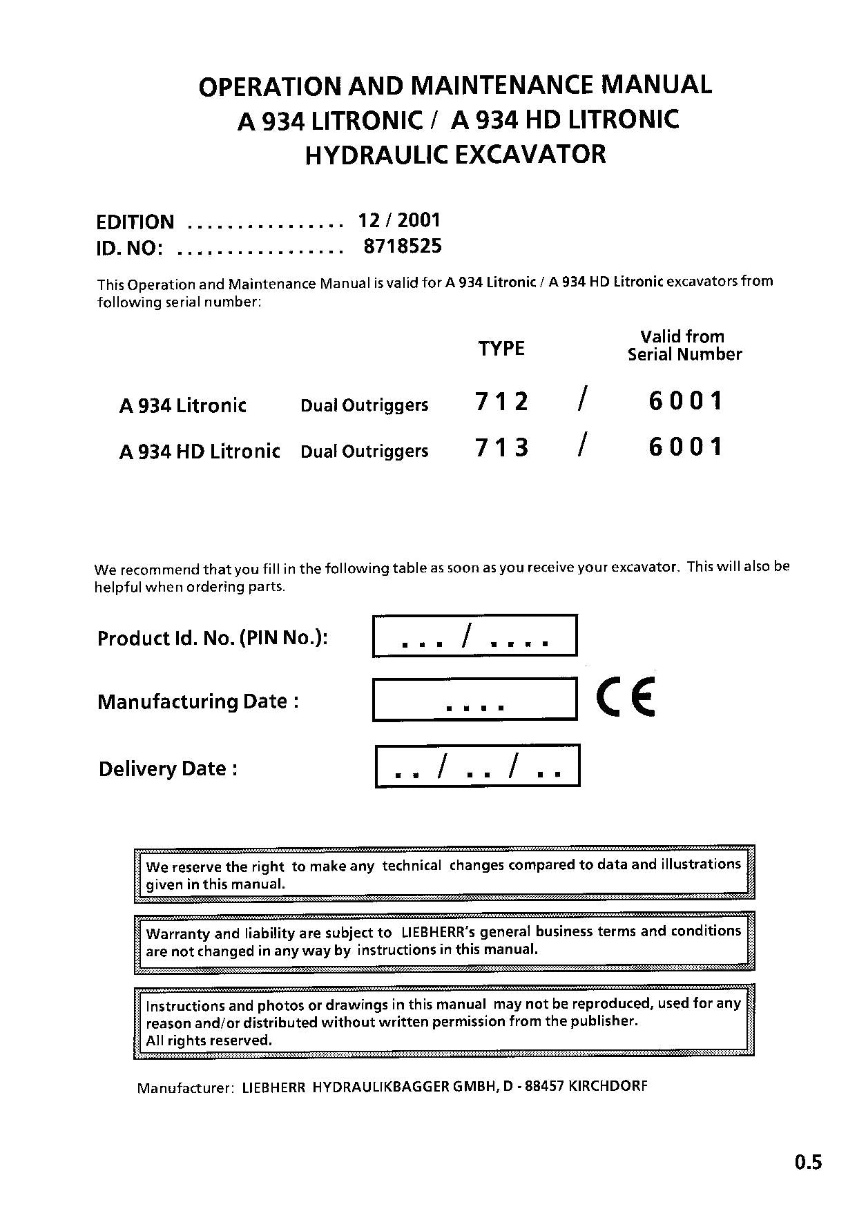 Liebherr A934 Litronic A934 HD Litronic Excavator Operators manual