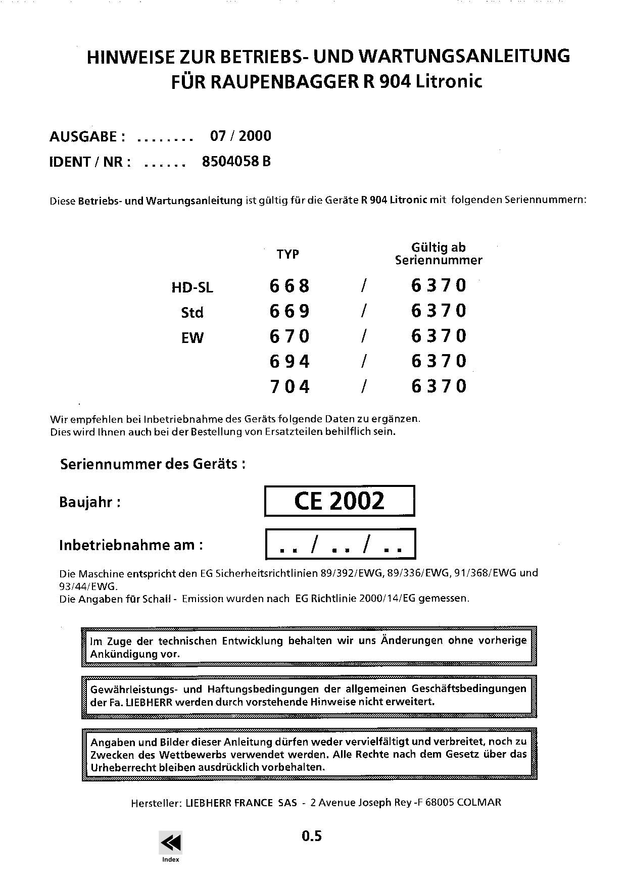 Liebherr R904 Litronic Hydraulikbagger Manuel d'instructions Manuel d'entretien