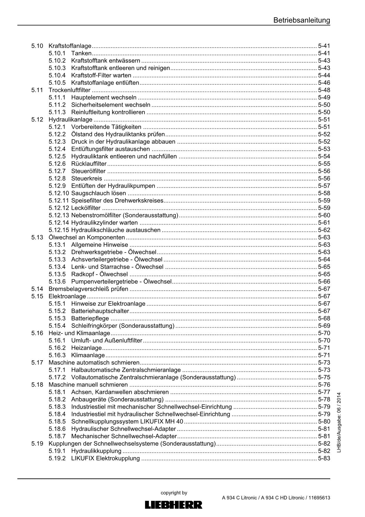 Liebherr A934 C A934 C HD Litronic Umschlaggerät Betriebsanleitung 57105
