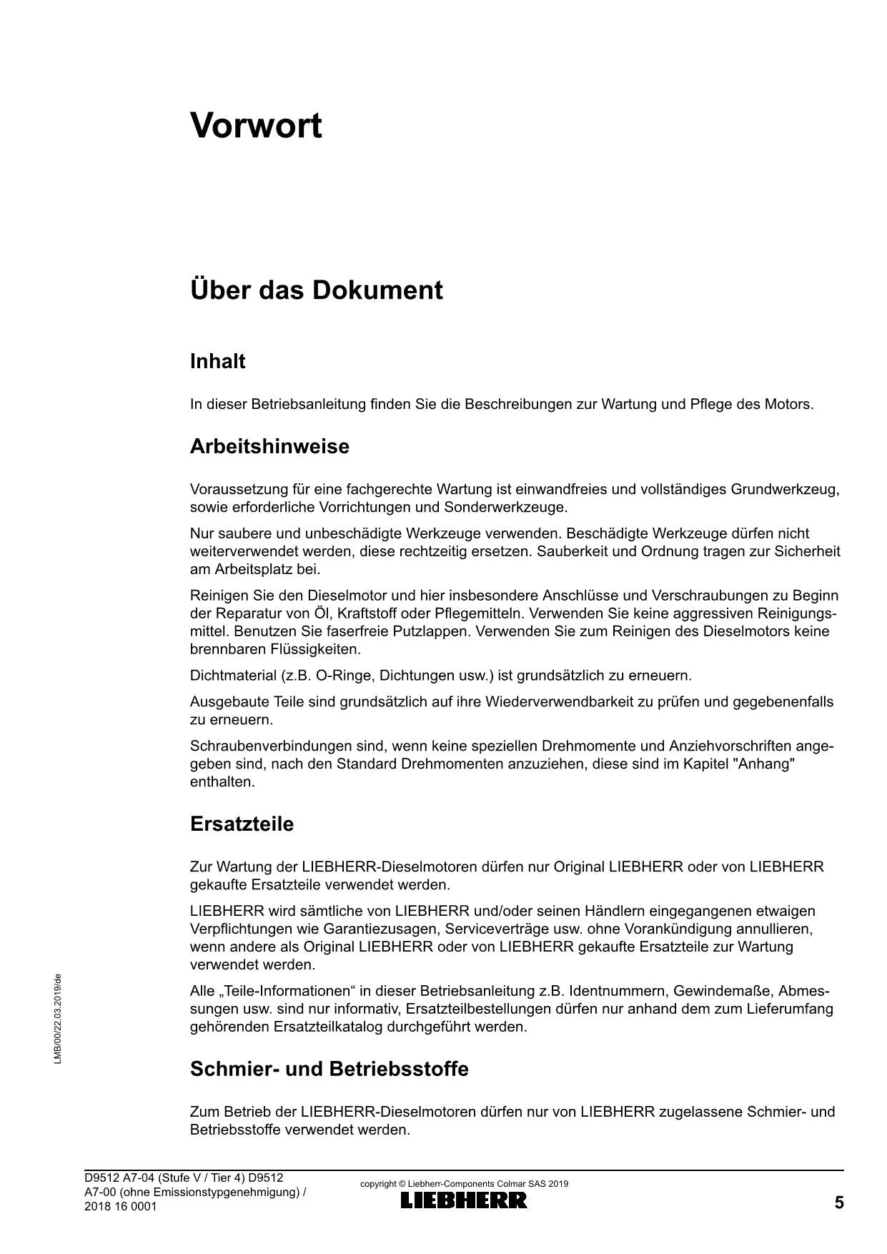 Liebherr D9512 D9512 ohne Emissionstypgenehmigung Dieselmotor Betriebsanleitung