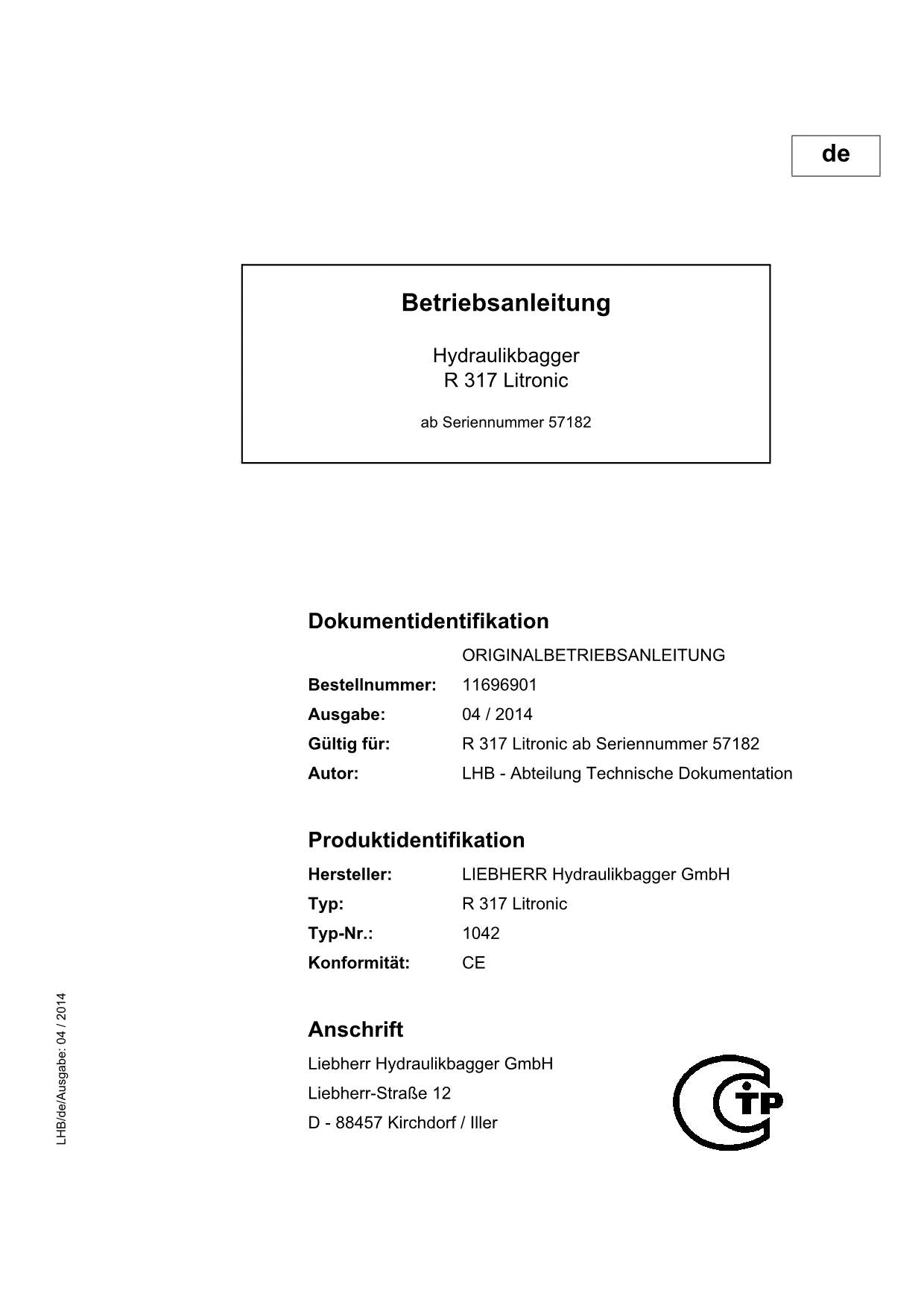 Liebherr R317 Litronic Hydraulikbagger Betriebsanleitung 11696901