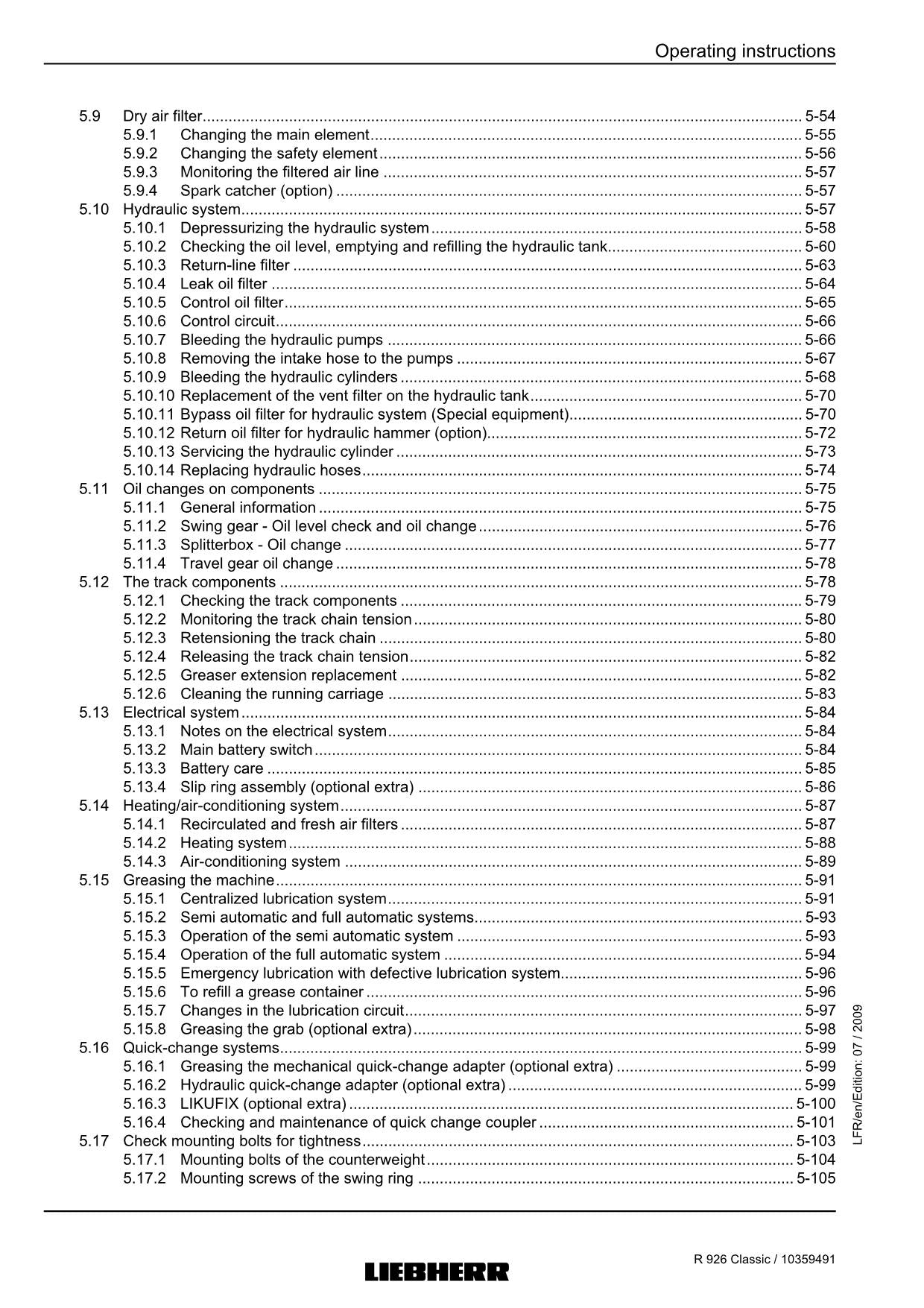 Liebherr R926 Classic Excavator Operators manual serial 17941