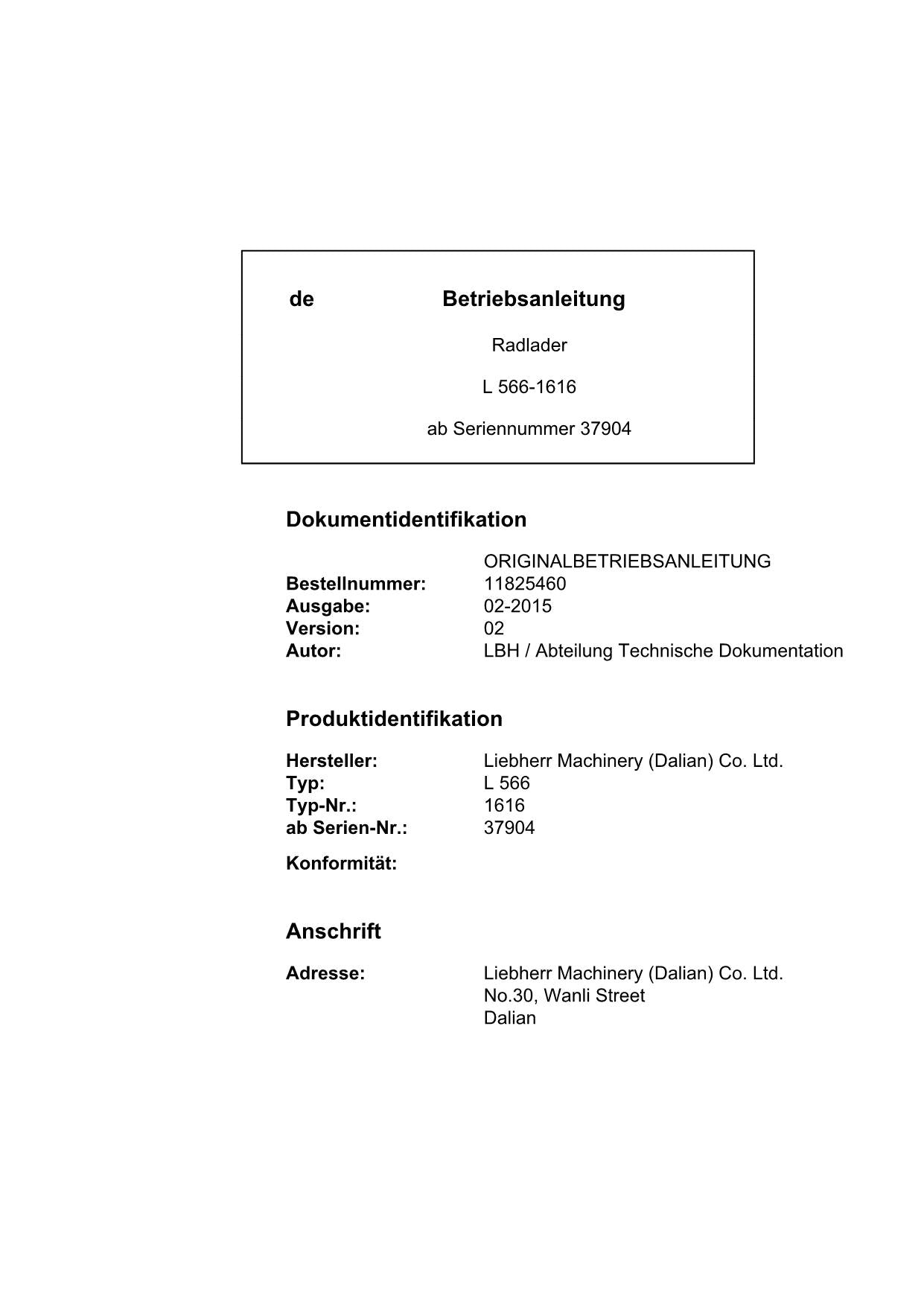 Liebherr L566 Radlader Betriebsanleitung ser 37904