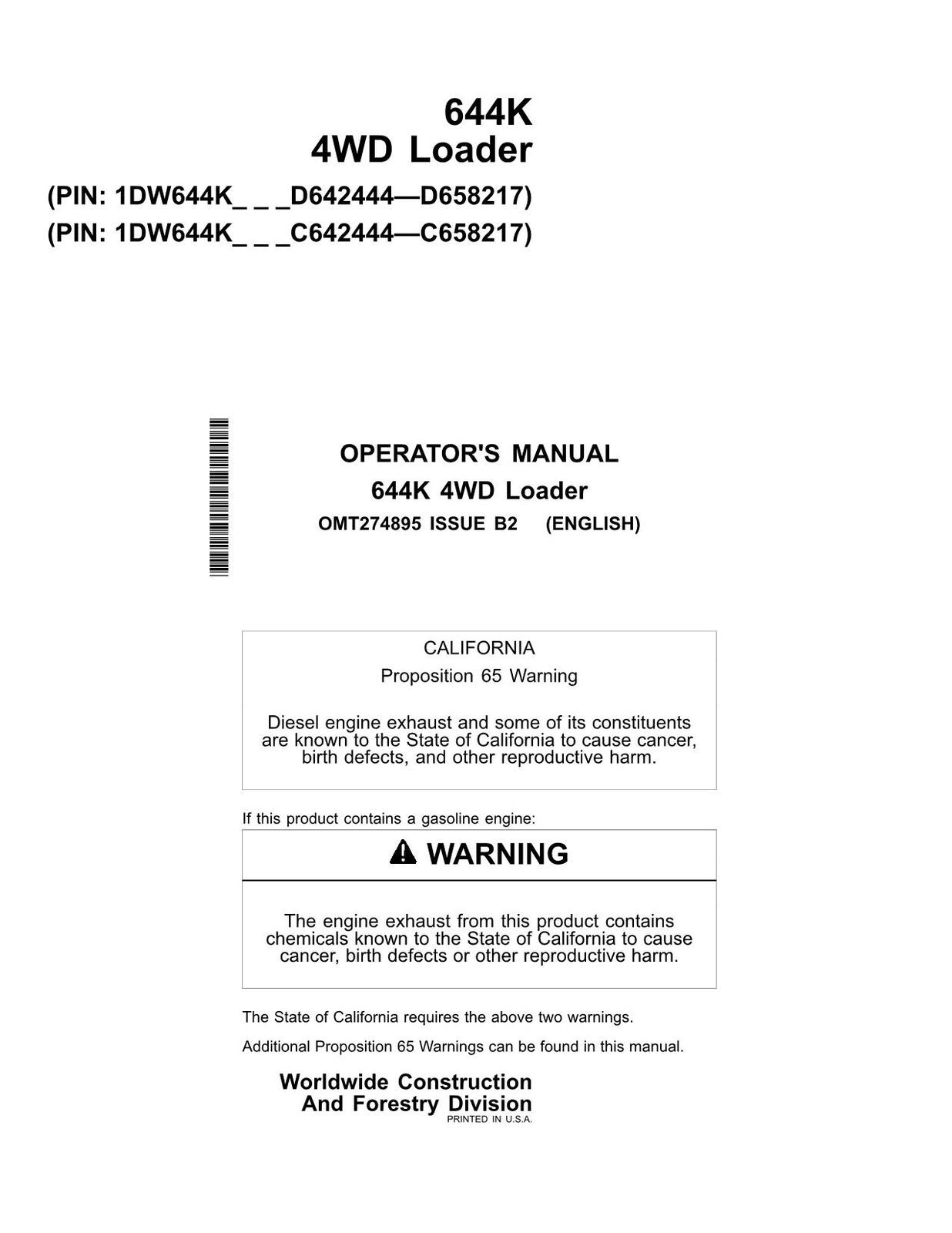 JOHN DEERE 644K LOADER OPERATORS MANUAL #2