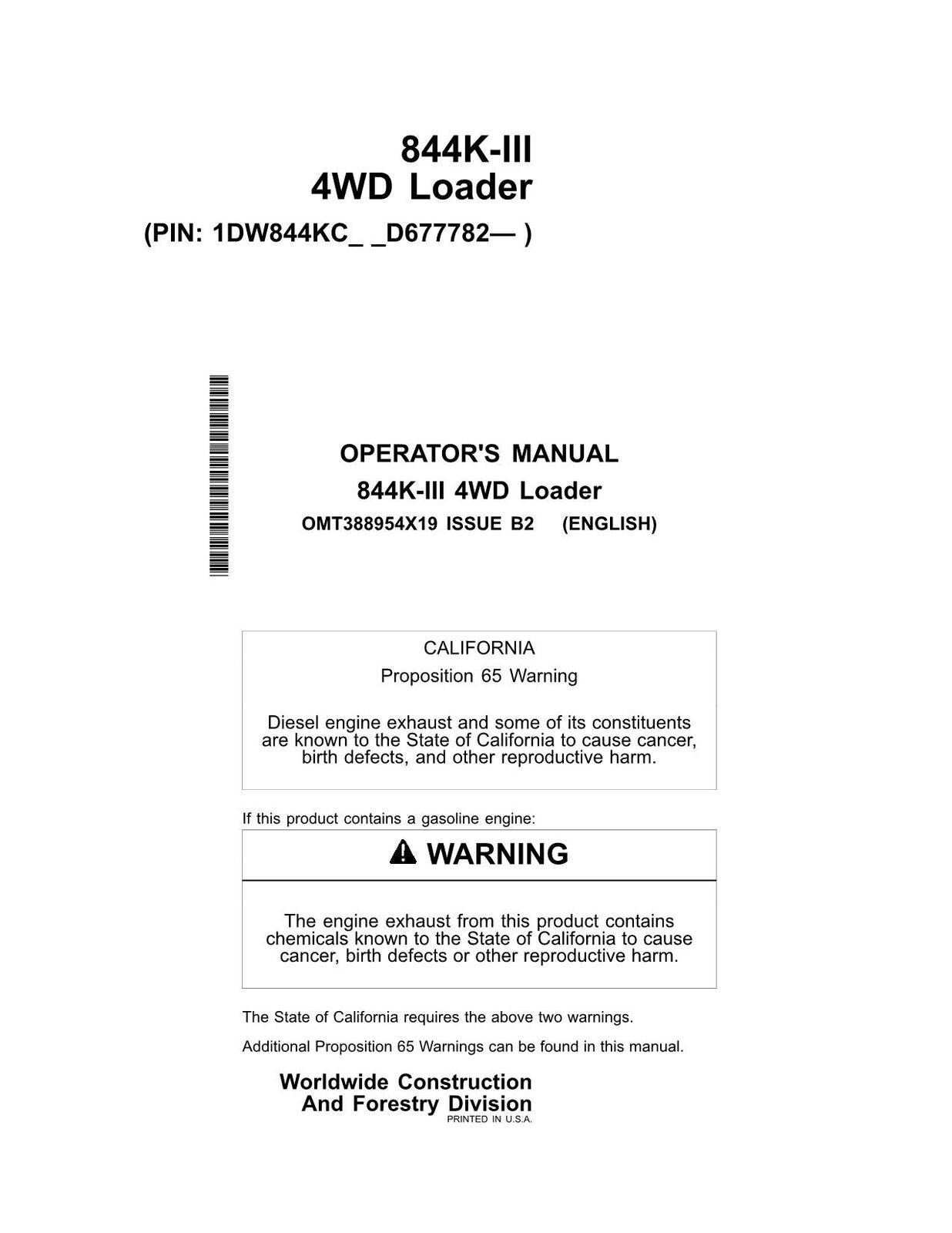 JOHN DEERE 844K SERIES III LOADER OPERATORS MANUAL