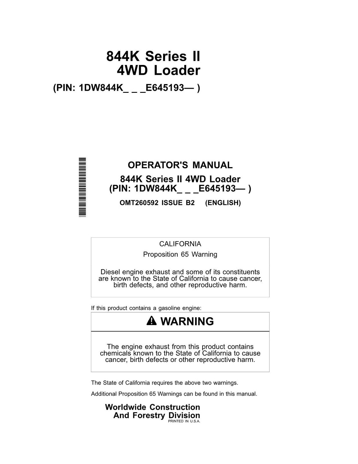 JOHN DEERE 844K SERIES II LOADER OPERATORS MANUAL #1