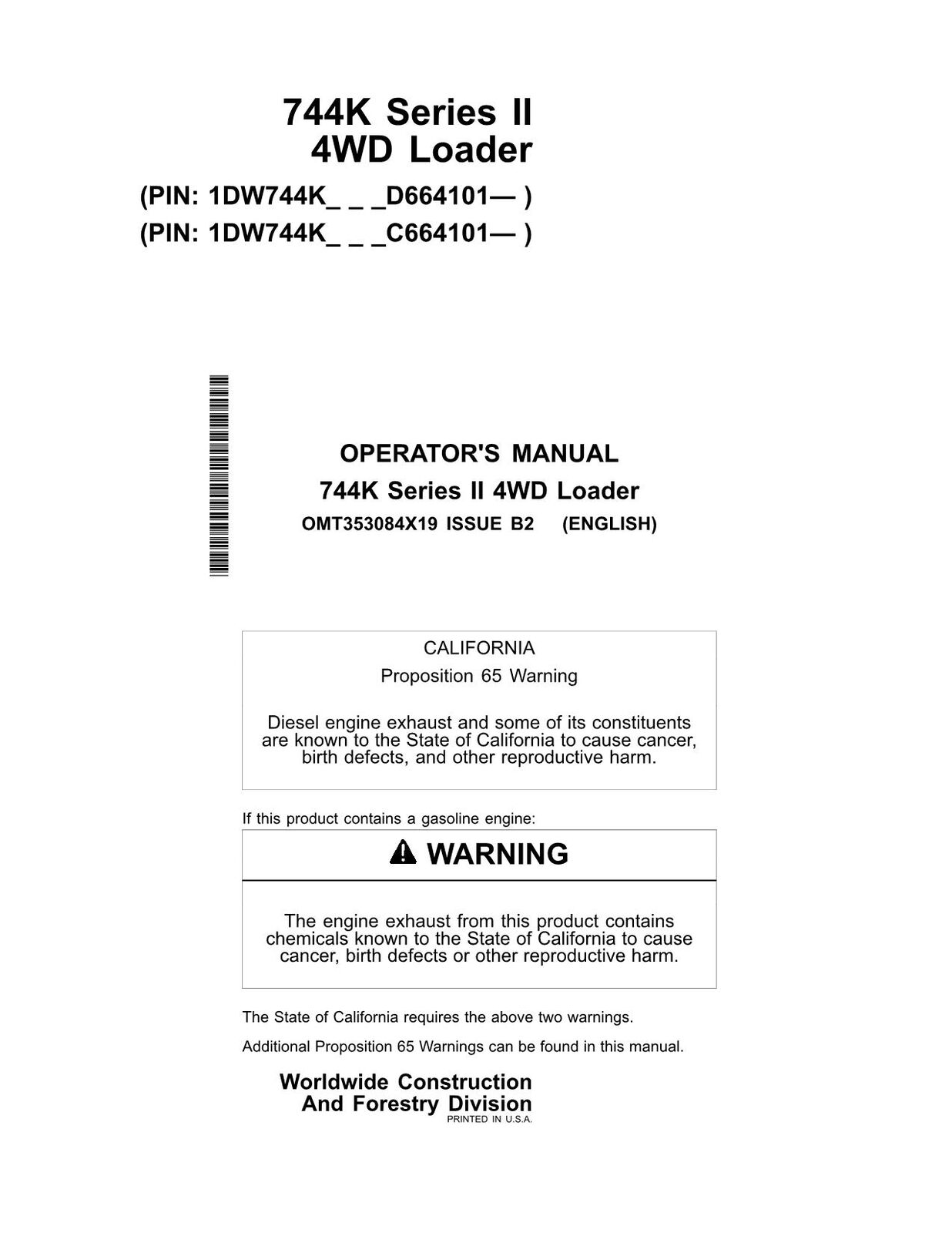 JOHN DEERE 744K SERIES II LOADER OPERATORS MANUAL