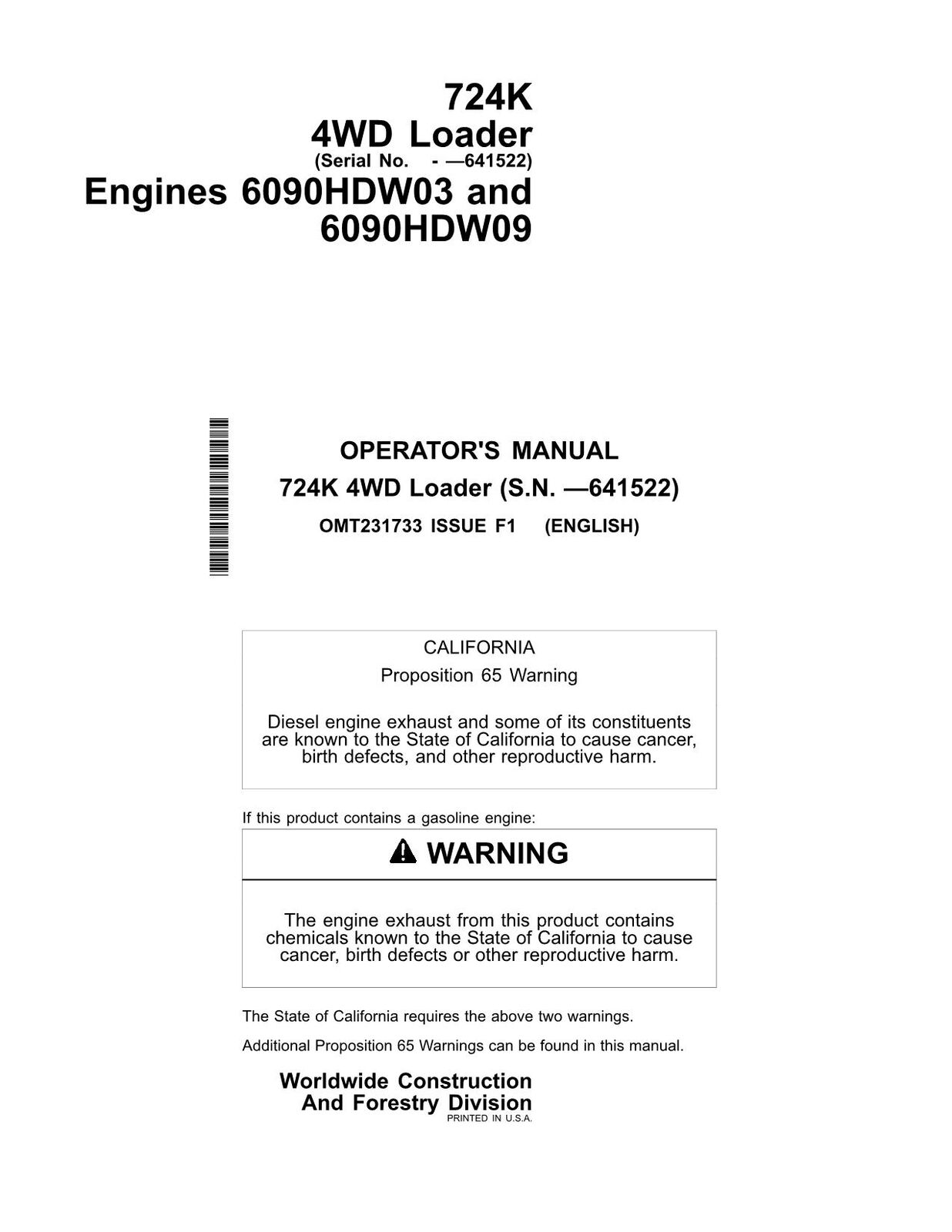 JOHN DEERE 724K LOADER OPERATORS MANUAL #1