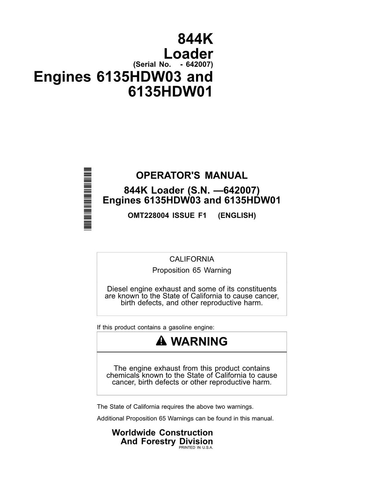 JOHN DEERE 844K LOADER OPERATORS MANUAL