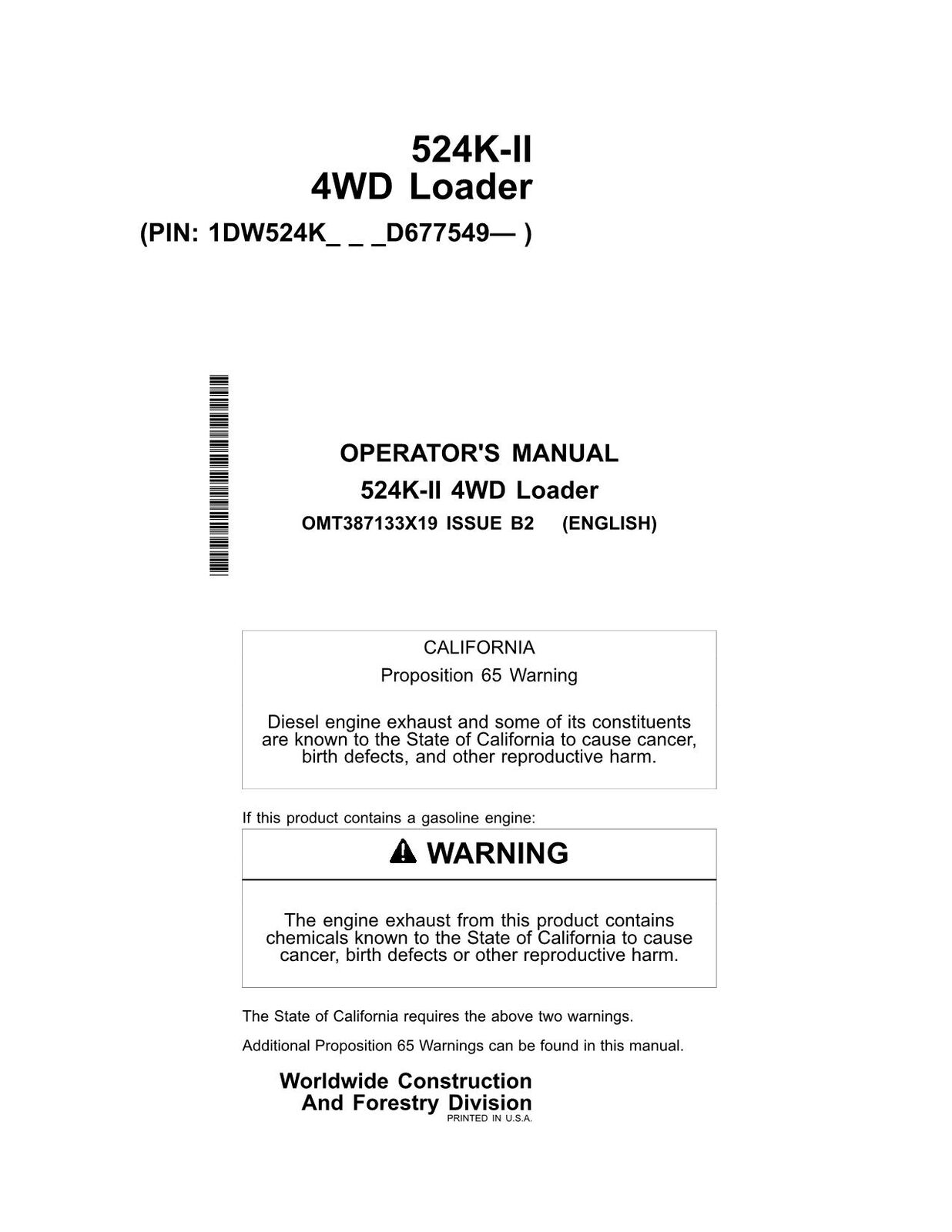 JOHN DEERE 524K SERIES II LOADER OPERATORS MANUAL #2