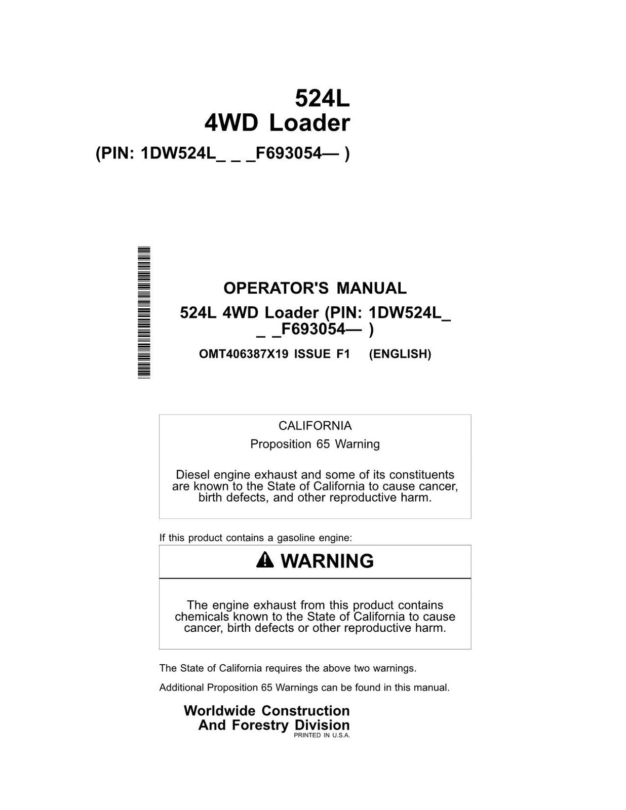 JOHN DEERE 524L LOADER OPERATORS MANUAL