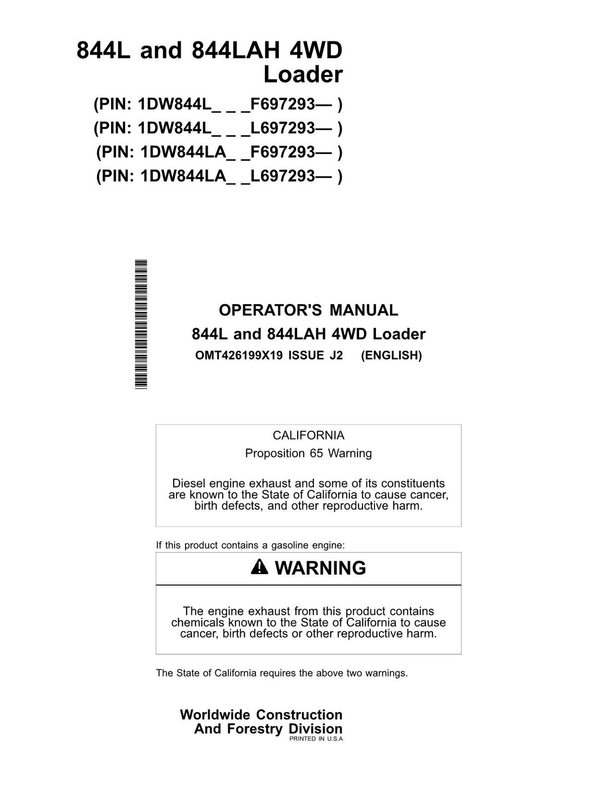 JOHN DEERE 844L 844LAH LOADER OPERATORS MANU