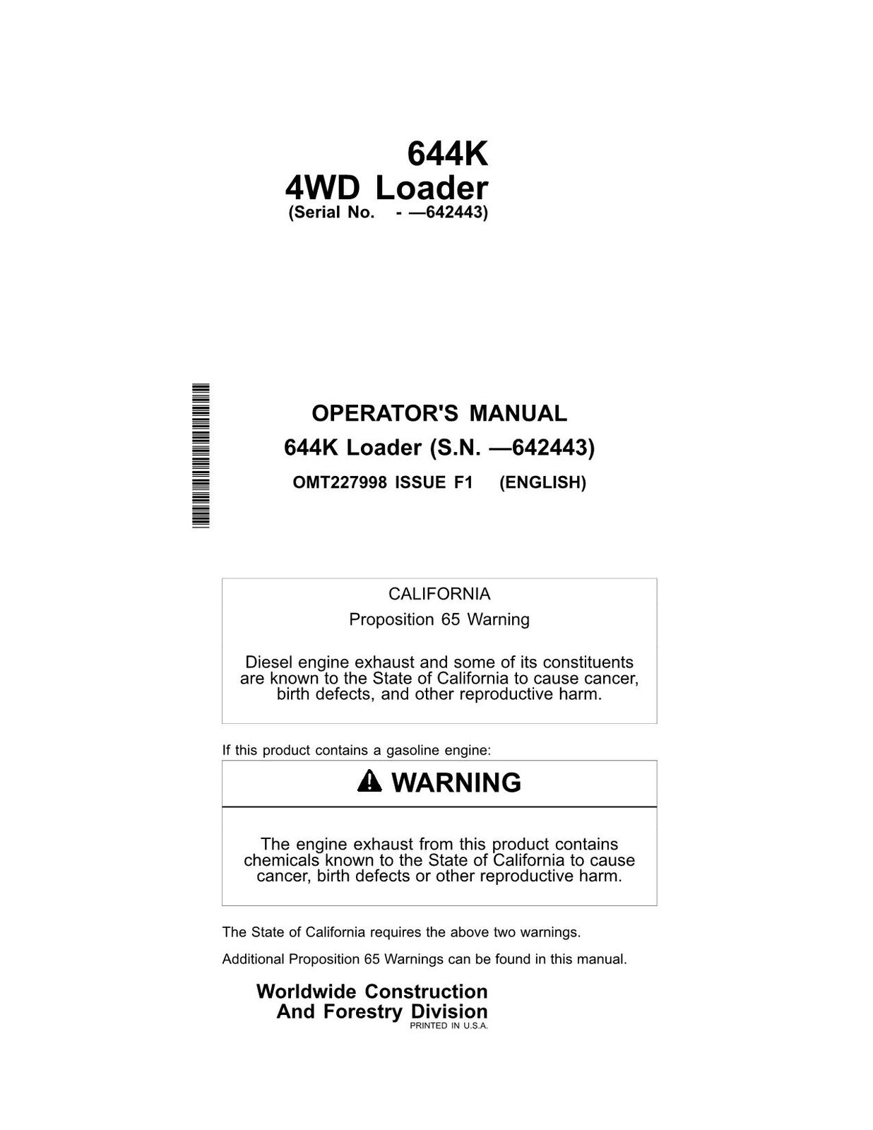 JOHN DEERE 644K LOADER OPERATORS MANUAL #1