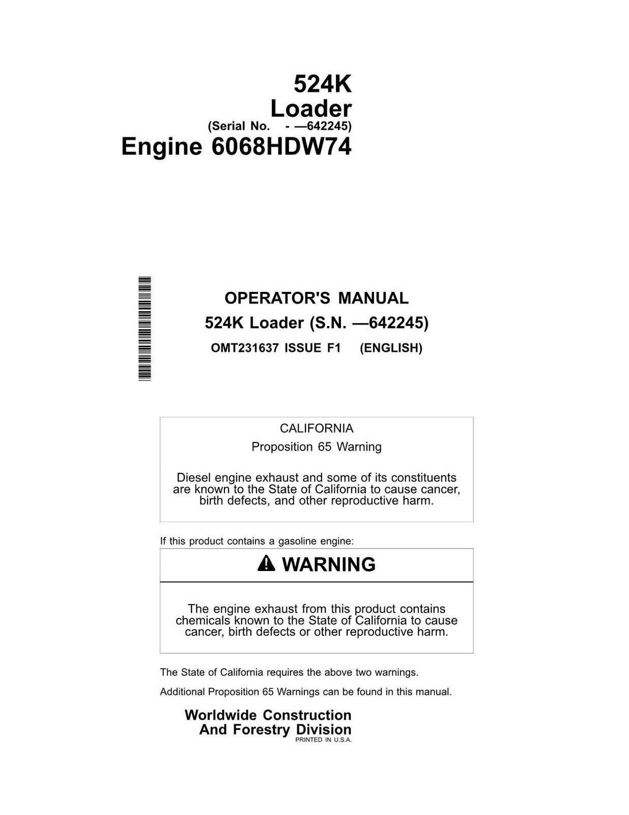 JOHN DEERE 524K LOADER OPERATORS MANUAL #1