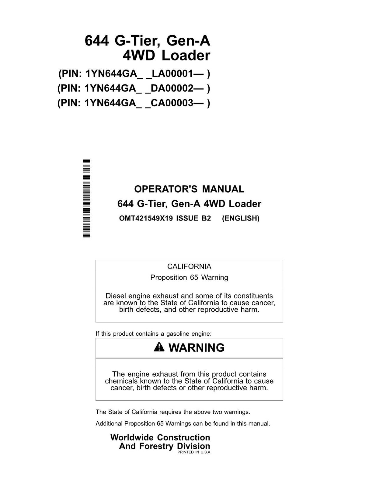 JOHN DEERE 644 G-TIER LOADER OPERATORS MANUAL