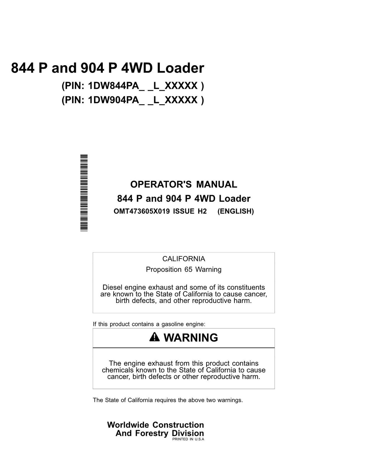 JOHN DEERE 844P 904P LOADER OPERATORS MANUAL