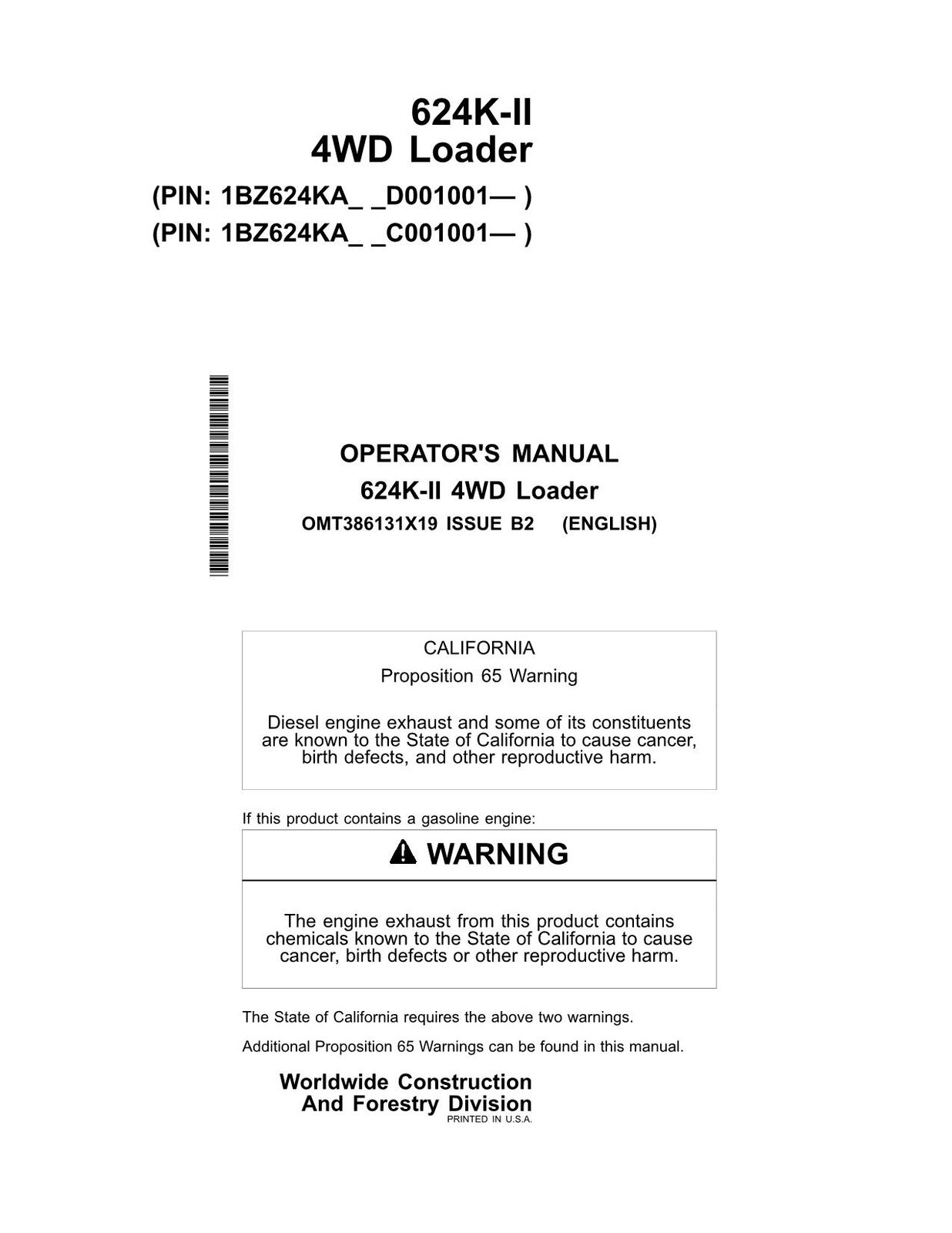 JOHN DEERE 624K SERIES II LOADER OPERATORS MANUAL #1