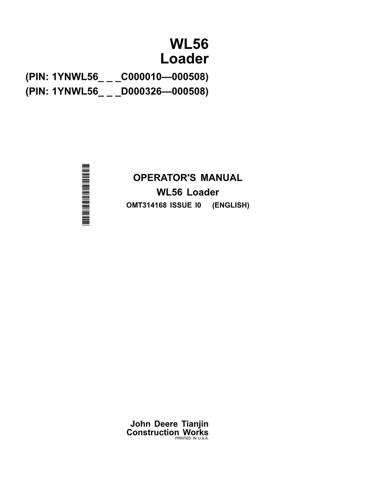 JOHN DEERE WL56 LOADER OPERATORS MANUAL #1