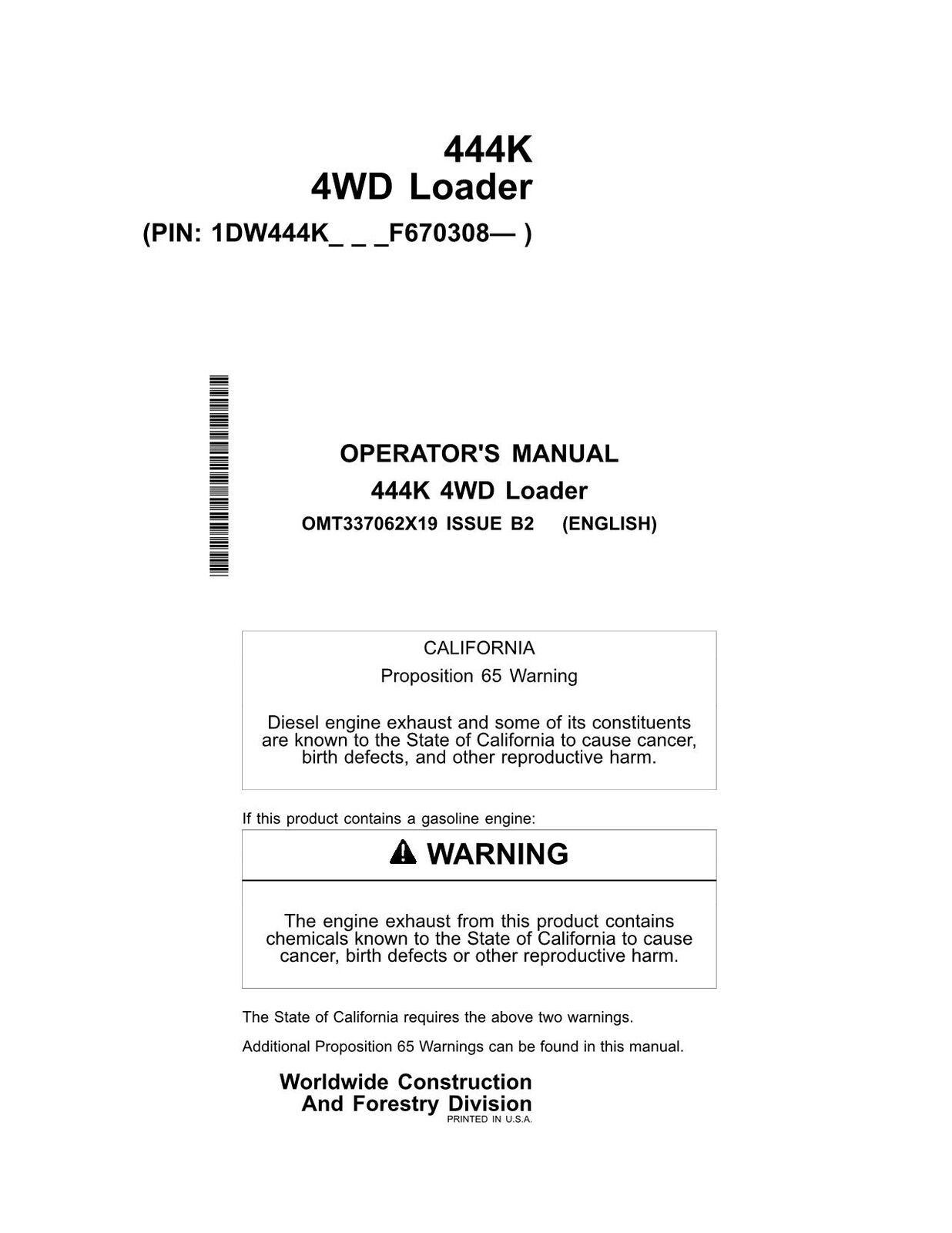 JOHN DEERE 444K LOADER OPERATORS MANUAL #3