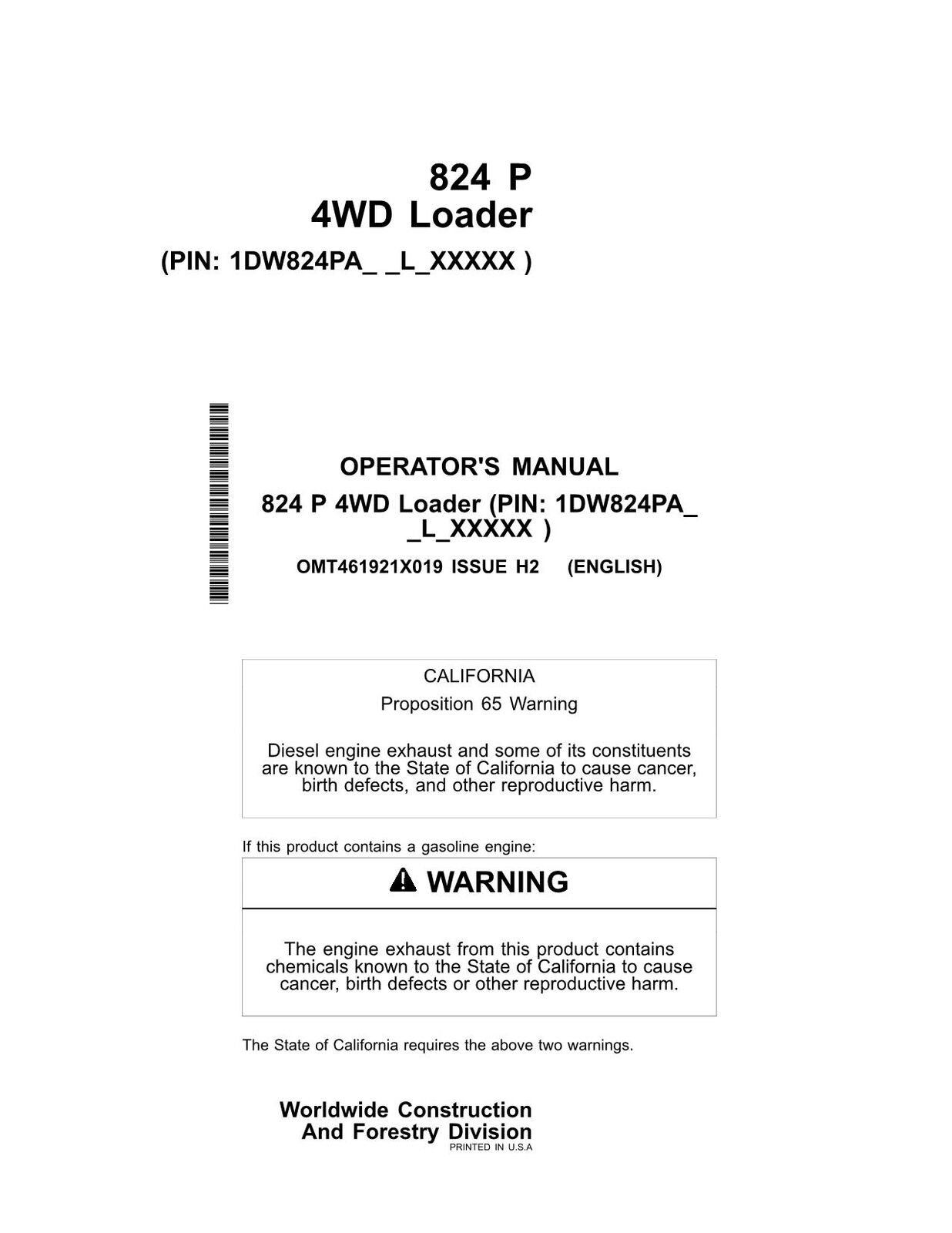 JOHN DEERE 824P LOADER OPERATORS MANUAL #2