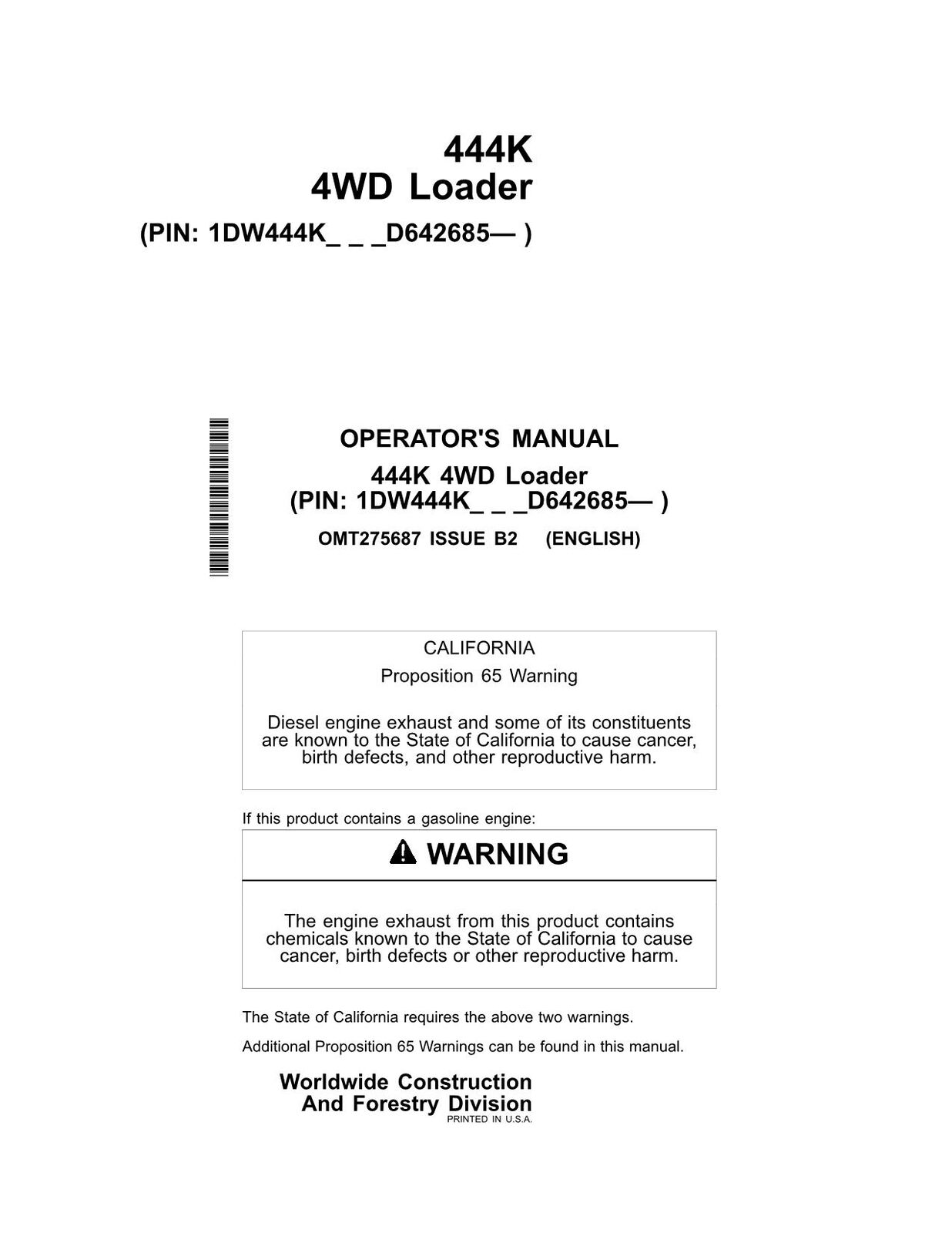 JOHN DEERE 444K LOADER OPERATORS MANUAL #2