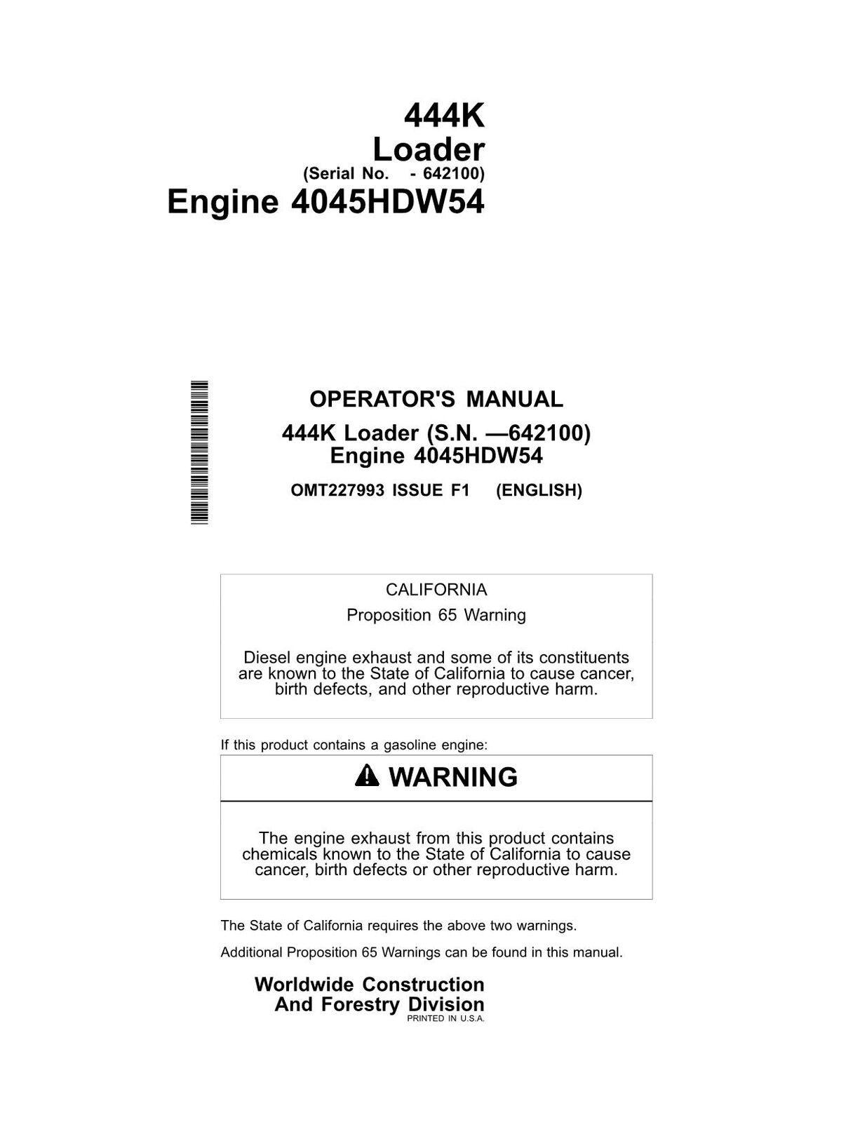 JOHN DEERE 444K LOADER OPERATORS MANUAL #1