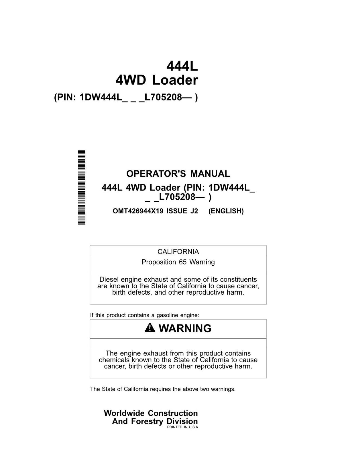 JOHN DEERE 444L LOADER OPERATORS MANUAL