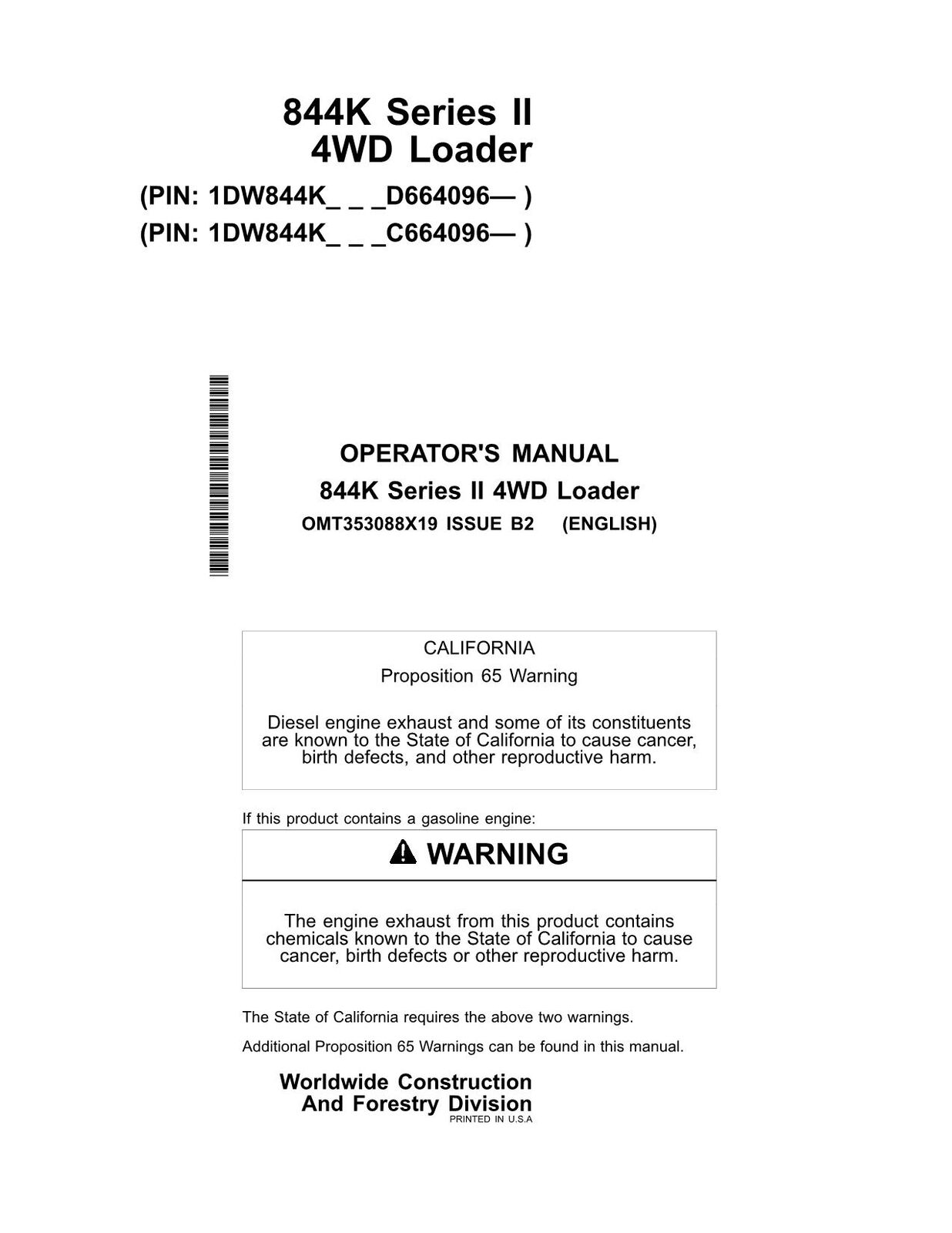 JOHN DEERE 844K SERIES II LOADER OPERATORS MANUAL #4