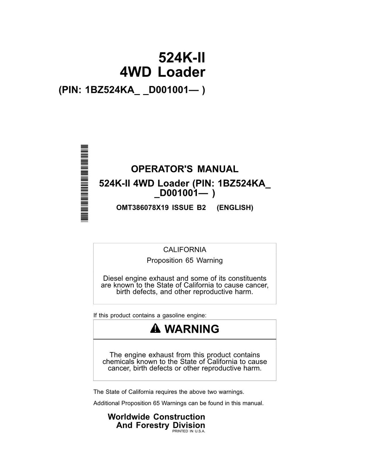 JOHN DEERE 524K SERIES II LOADER OPERATORS MANUAL #1