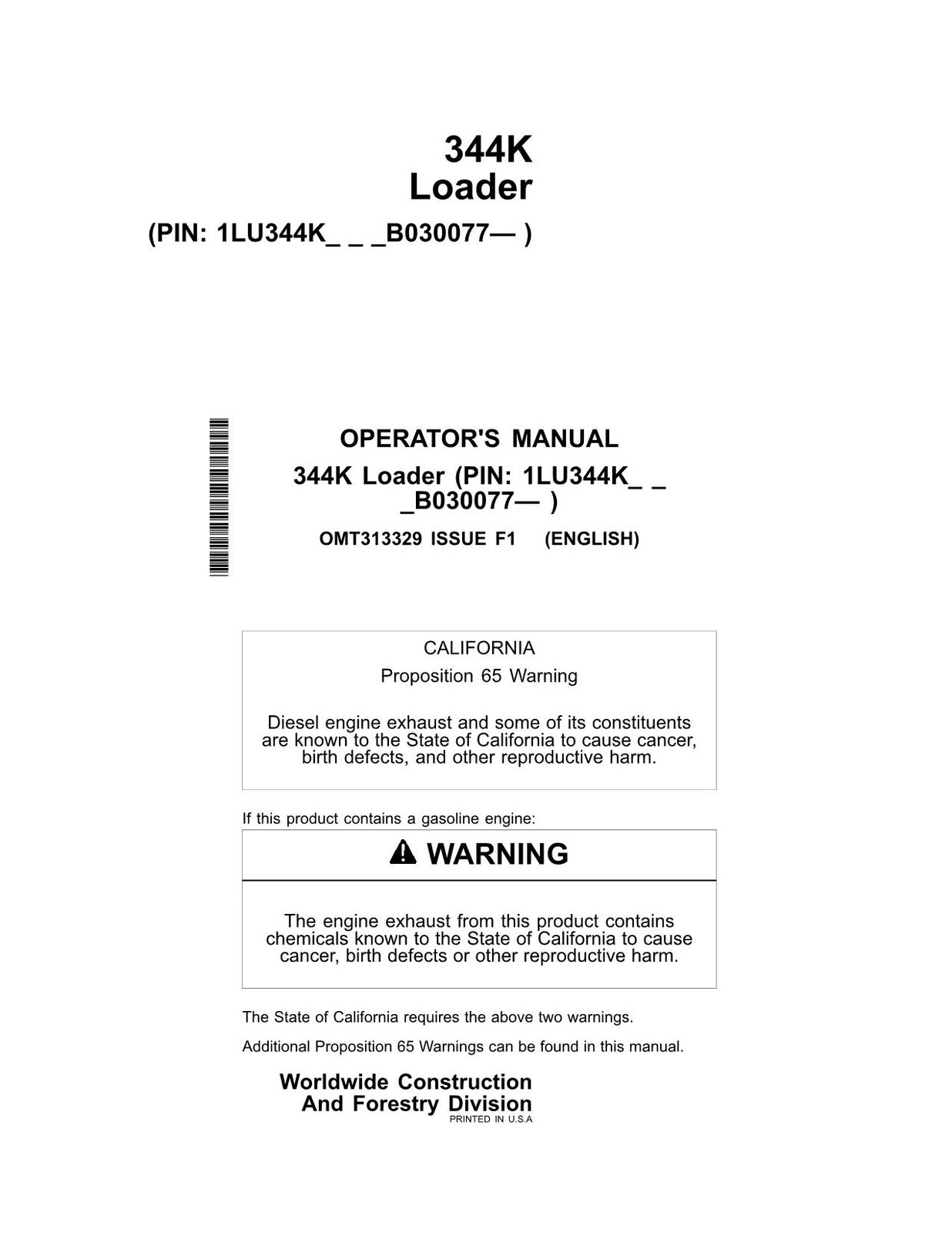 JOHN DEERE 344K LOADER OPERATORS MANUAL