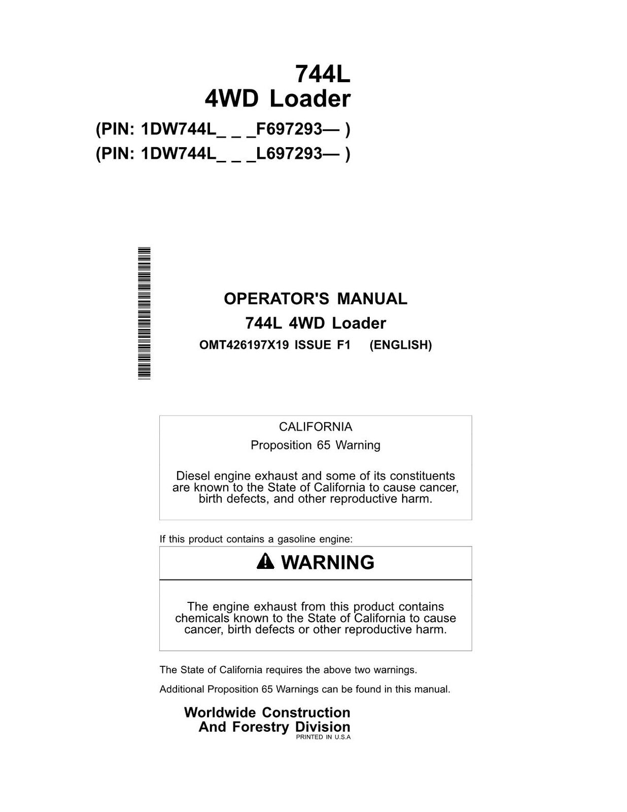 JOHN DEERE 744L LOADER OPERATORS MANUAL #2