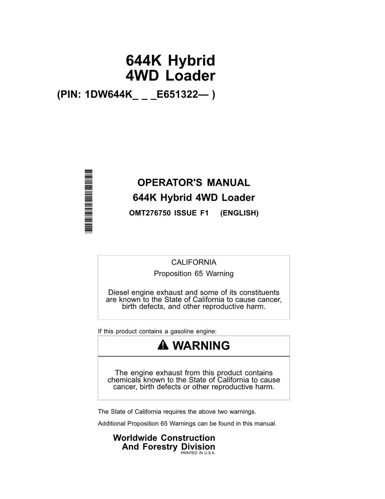 JOHN DEERE 644K HYBRID LOADER OPERATORS MANUAL