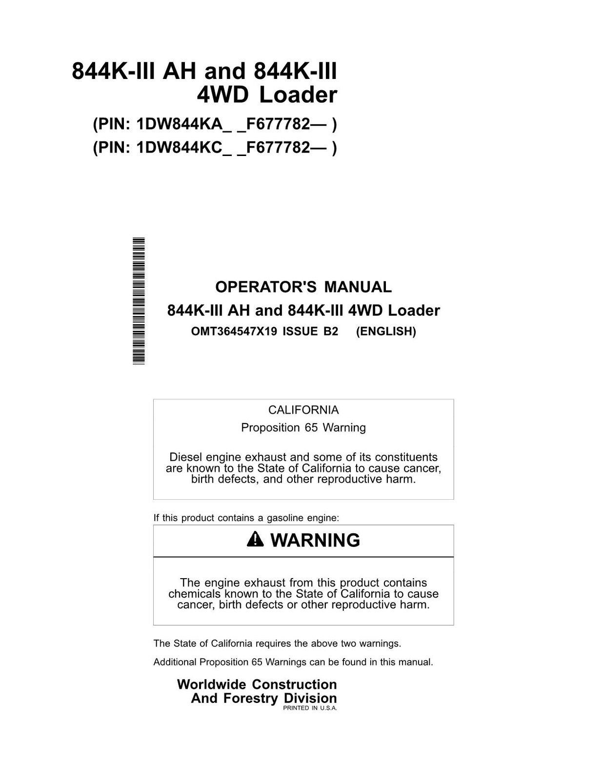 JOHN DEERE 844K 844K SERIES III AH LOADER OPERATORS MANUAL