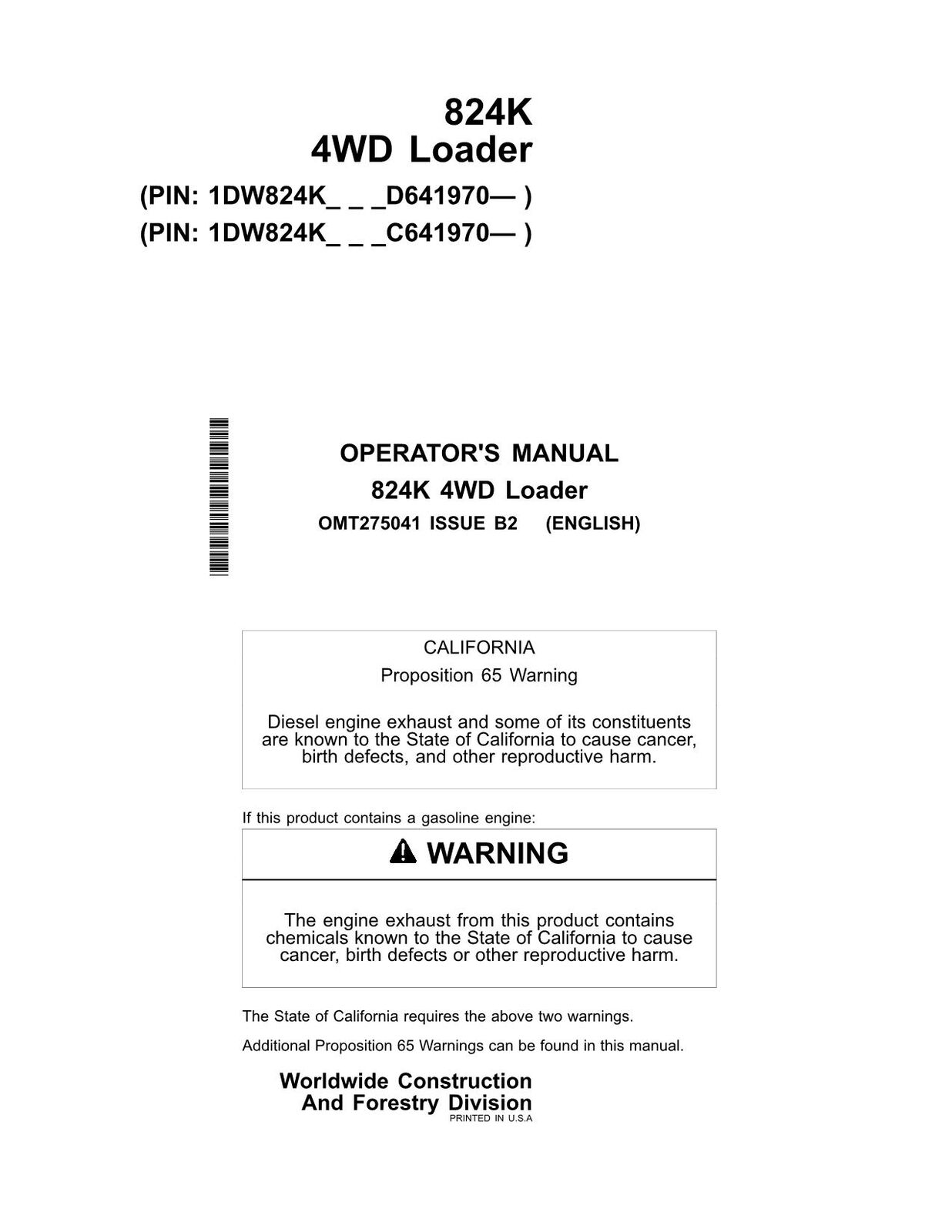 JOHN DEERE 824K LOADER OPERATORS MANUAL #3