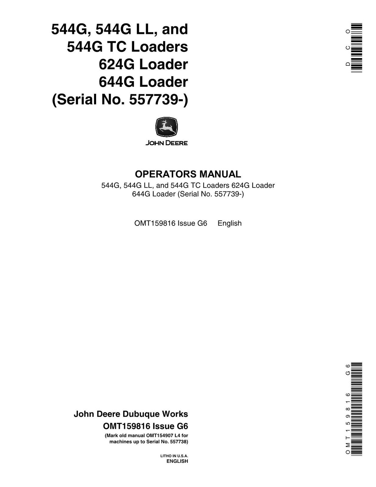 JOHN DEERE 544G 544GH 544GLL 544GTC 624G 644G LOADER OPERATORS MANUAL