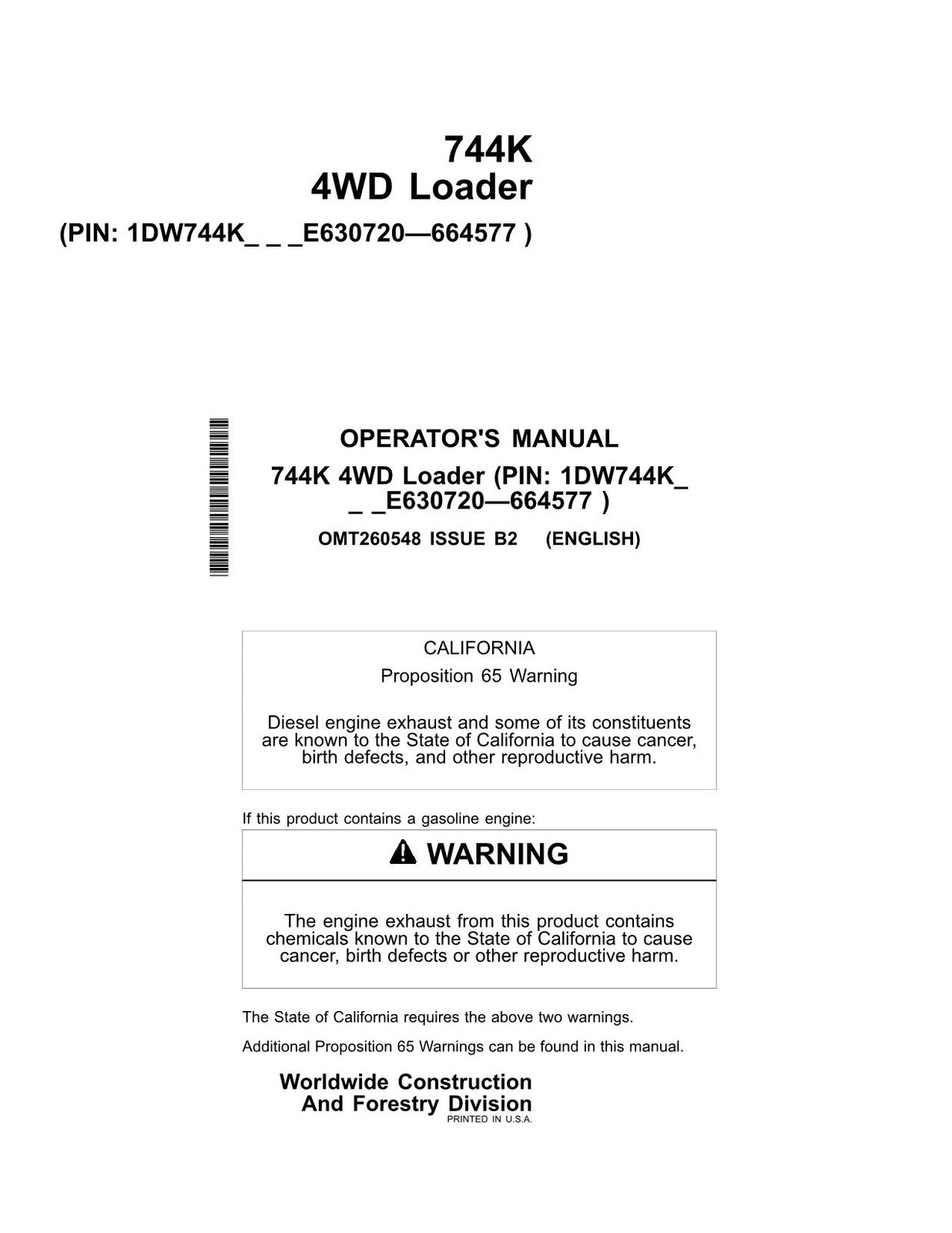 JOHN DEERE 744K LOADER OPERATORS MANUAL #2