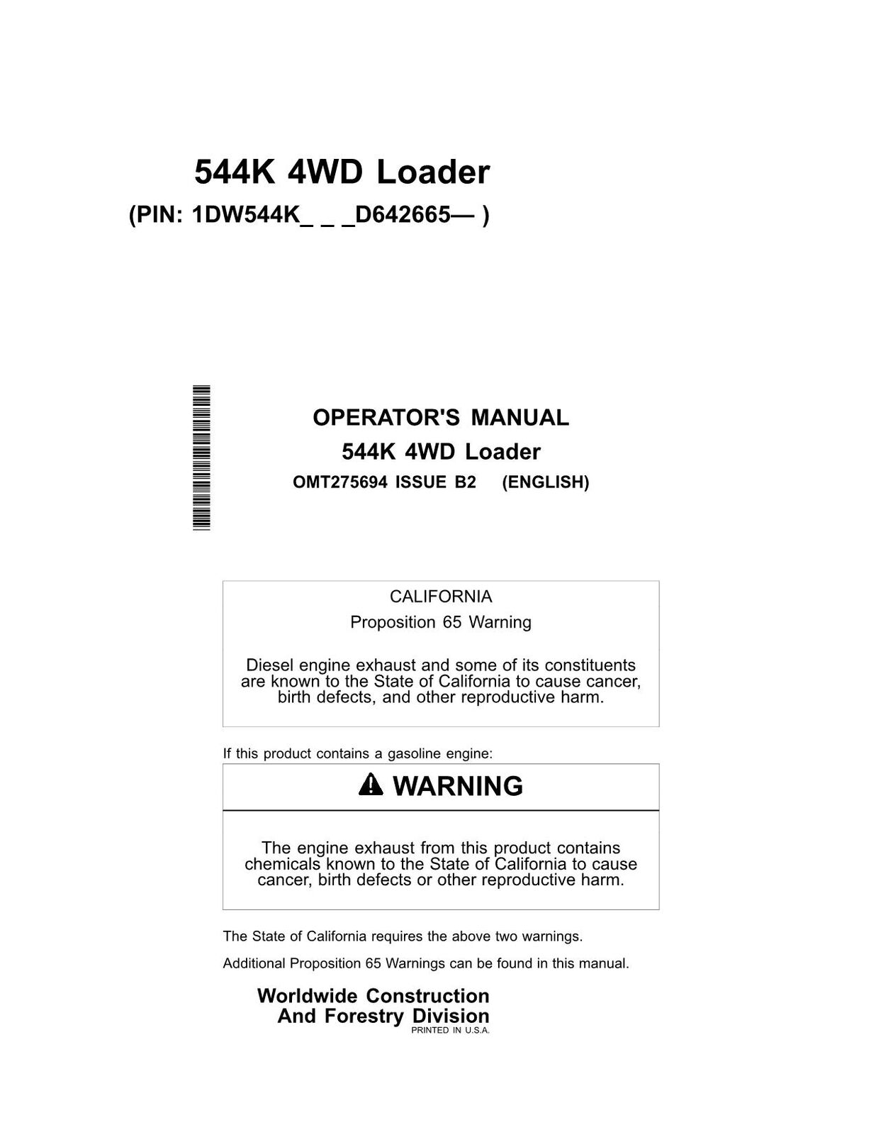 JOHN DEERE 544K LOADER OPERATORS MANUAL #2