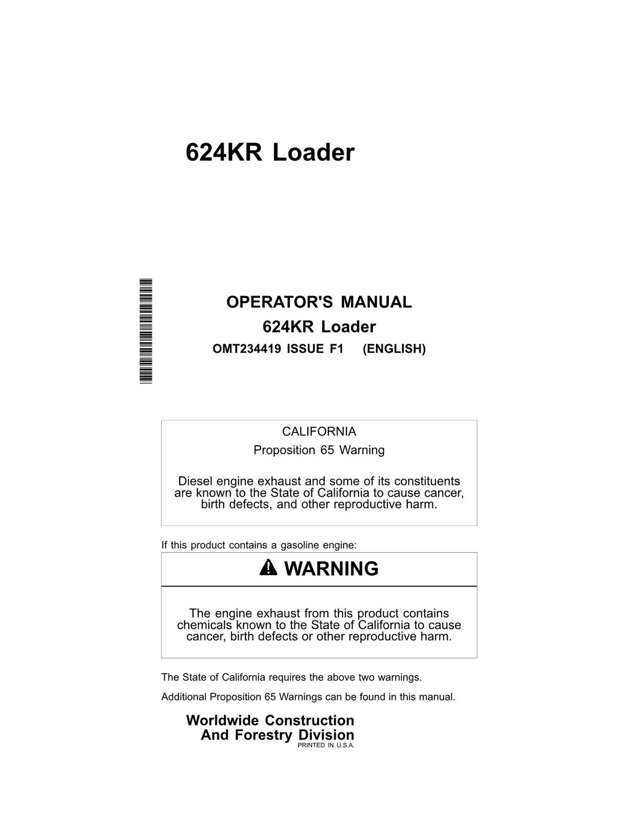 JOHN DEERE 624KR LOADER OPERATORS MANUAL