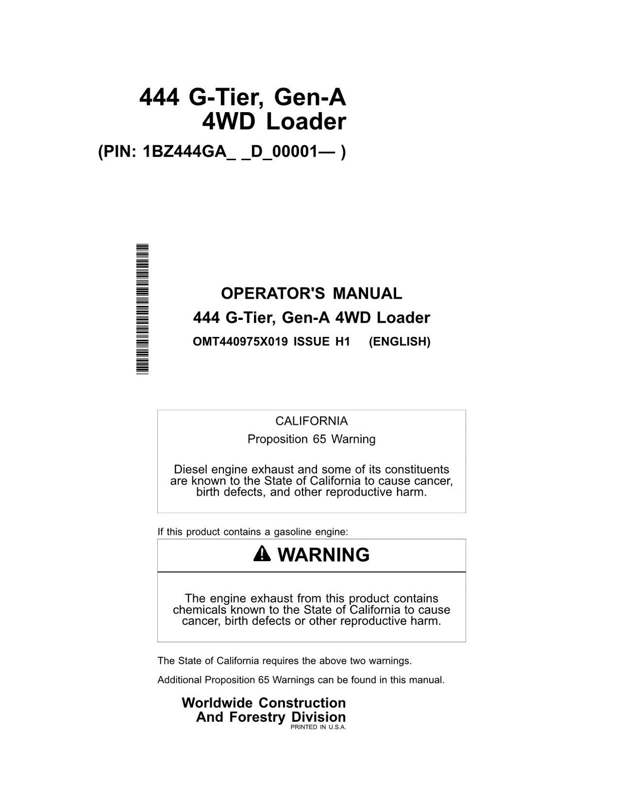 JOHN DEERE 444G LOADER OPERATORS MANUAL